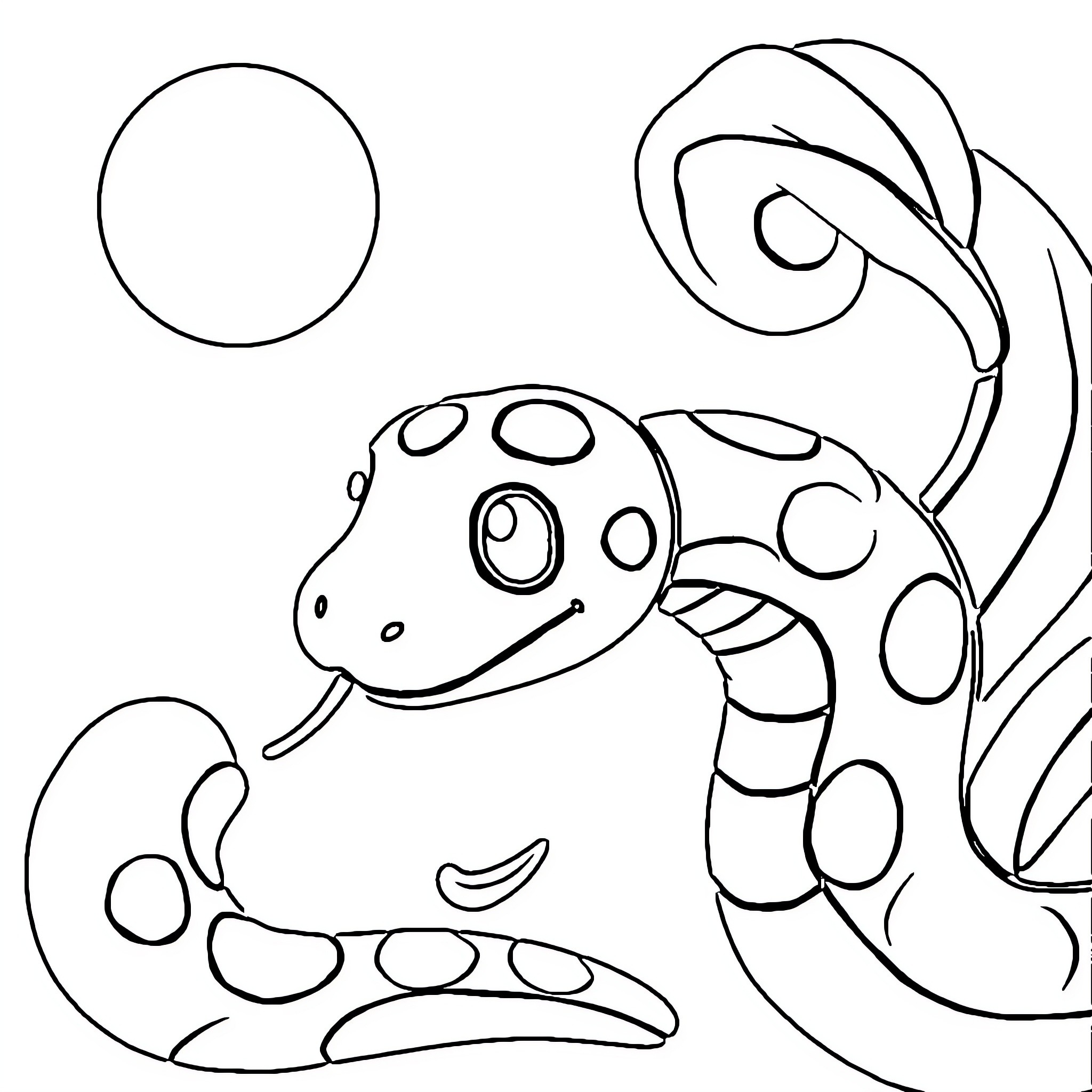 Snake slithering playfully through spotty pattern Coloring Page (free black-and-white line drawing printable PDF for all, from beginners to advanced learners, including children, teens, adults, and seniors)
