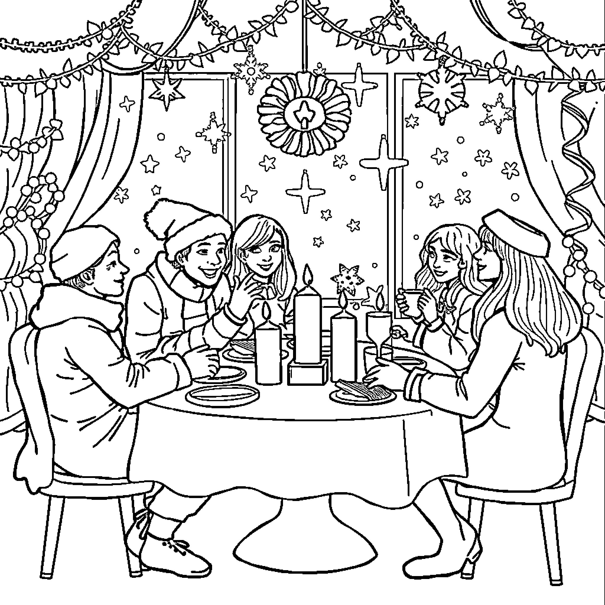 Festival Gathering with Cheerful People and Decorations Coloring Page (free black-and-white line drawing printable PDF for all, from beginners to advanced learners, including children, teens, adults, and seniors)