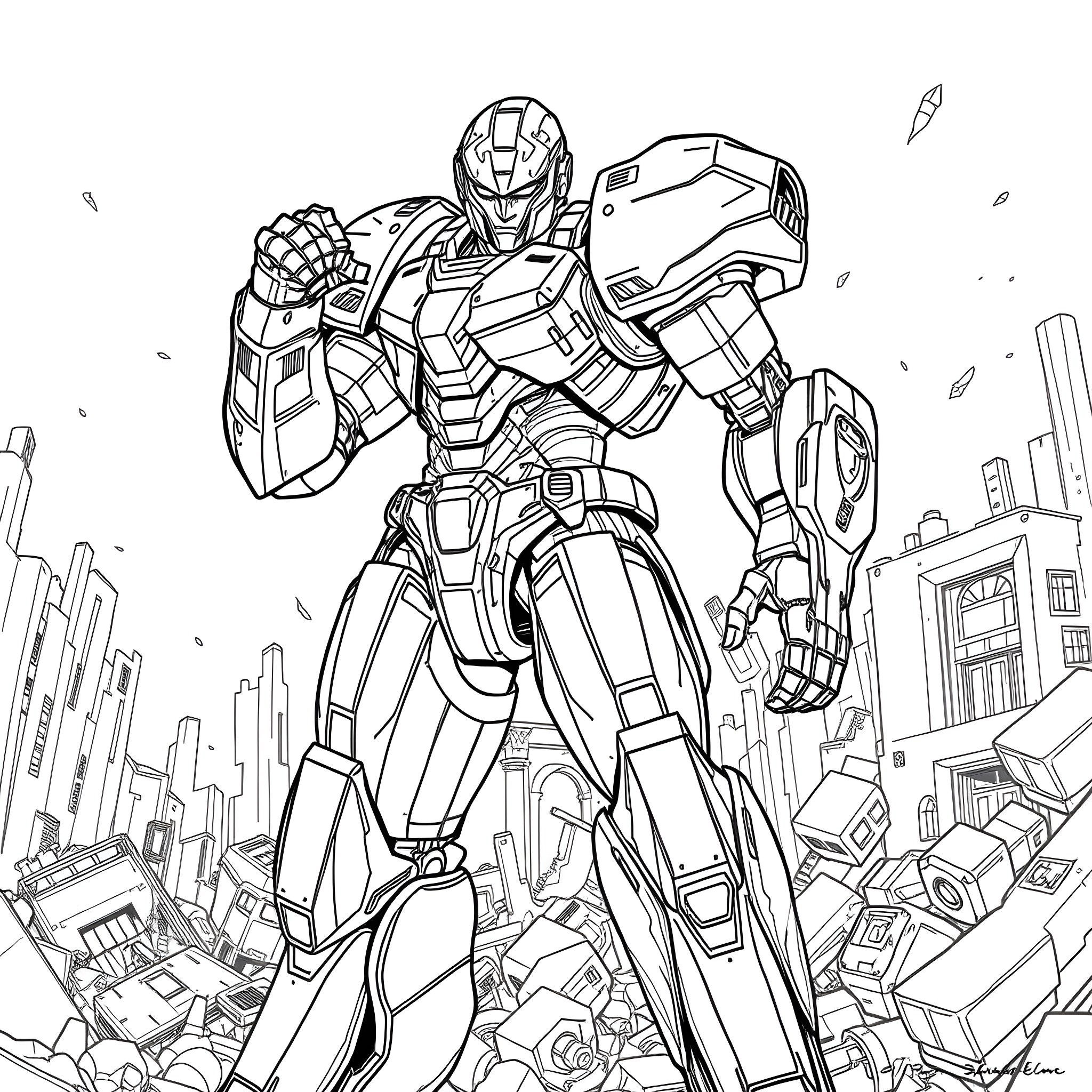 Justice Buster Delivers Heroic Action in the City Coloring Page (free black-and-white line drawing printable PDF for all, from beginners to advanced learners, including children, teens, adults, and seniors)