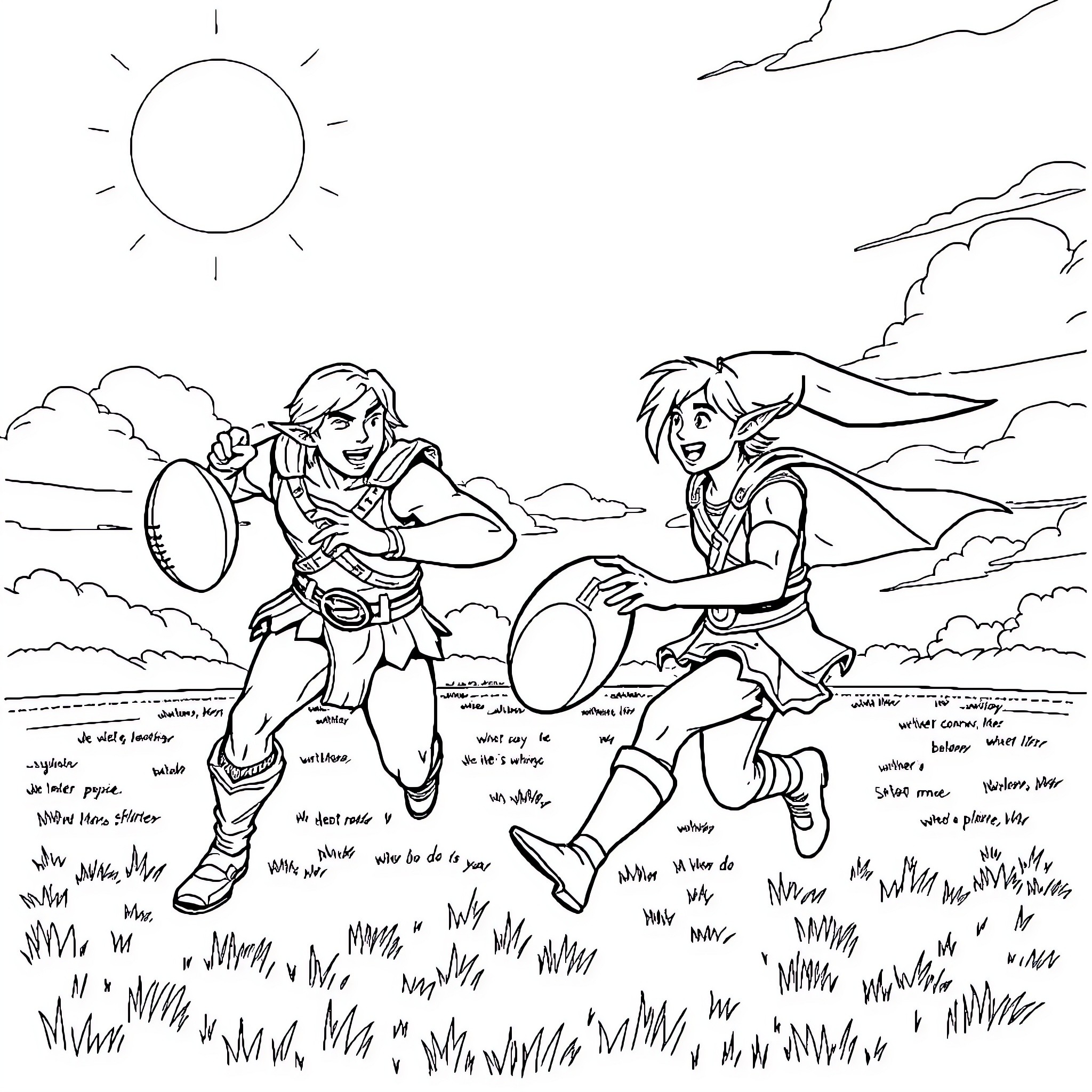 He-Man and Teela facing off in an outdoor setting Coloring Page (free black-and-white line drawing printable PDF for all, from beginners to advanced learners, including children, teens, adults, and seniors)
