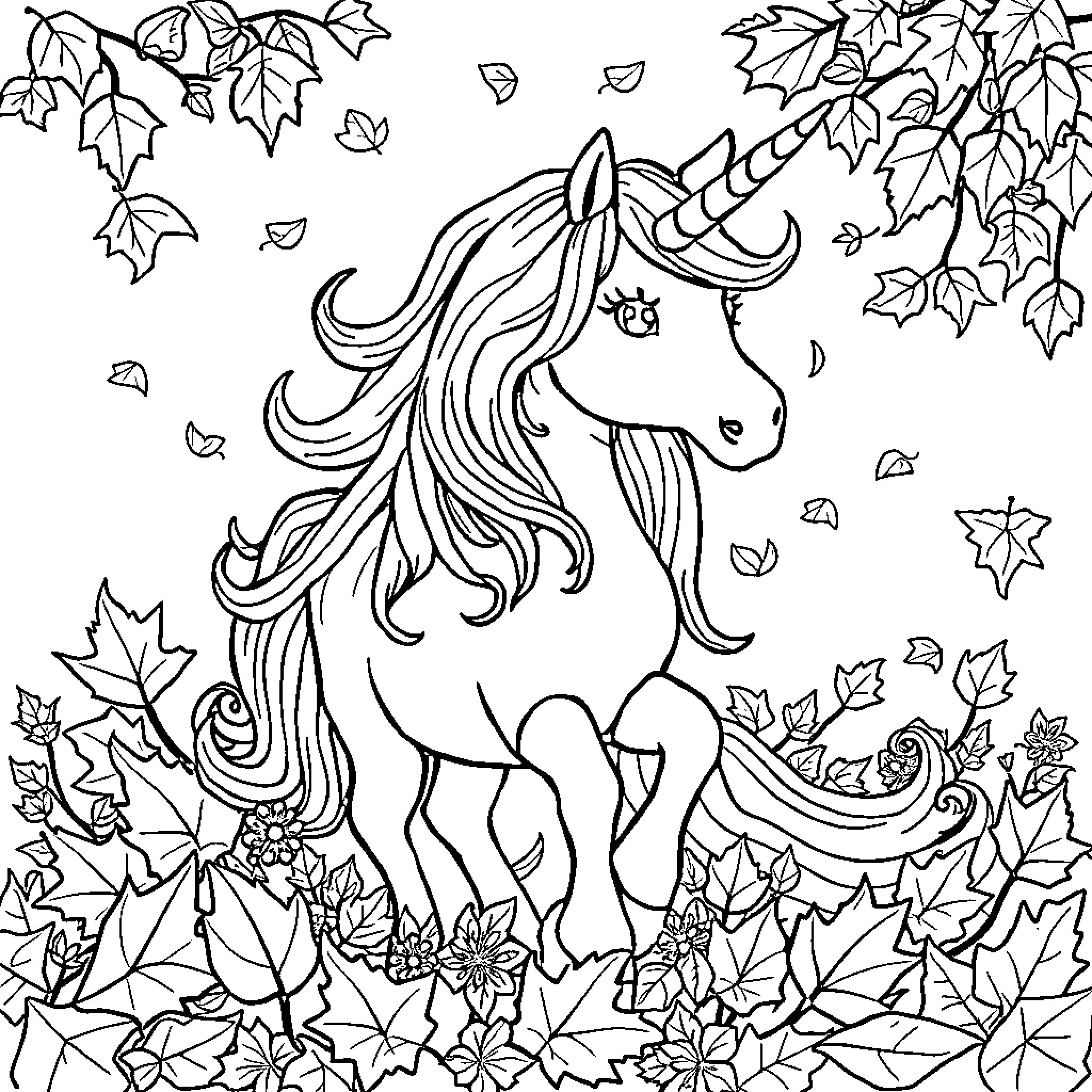 Unicorn among the autumn leaves Coloring Page (free black-and-white line drawing printable PDF for all, from beginners to advanced learners, including children, teens, adults, and seniors)
