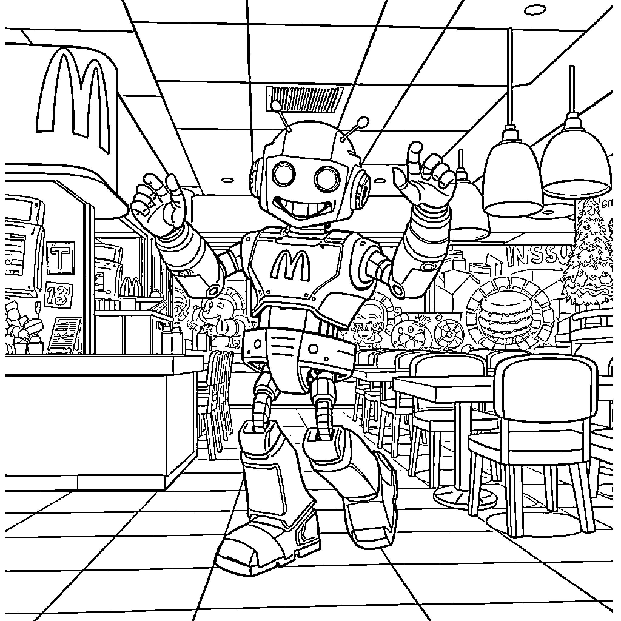 Robot working in a bustling fast food restaurant Coloring Page (free black-and-white line drawing printable PDF for all, from beginners to advanced learners, including children, teens, adults, and seniors)