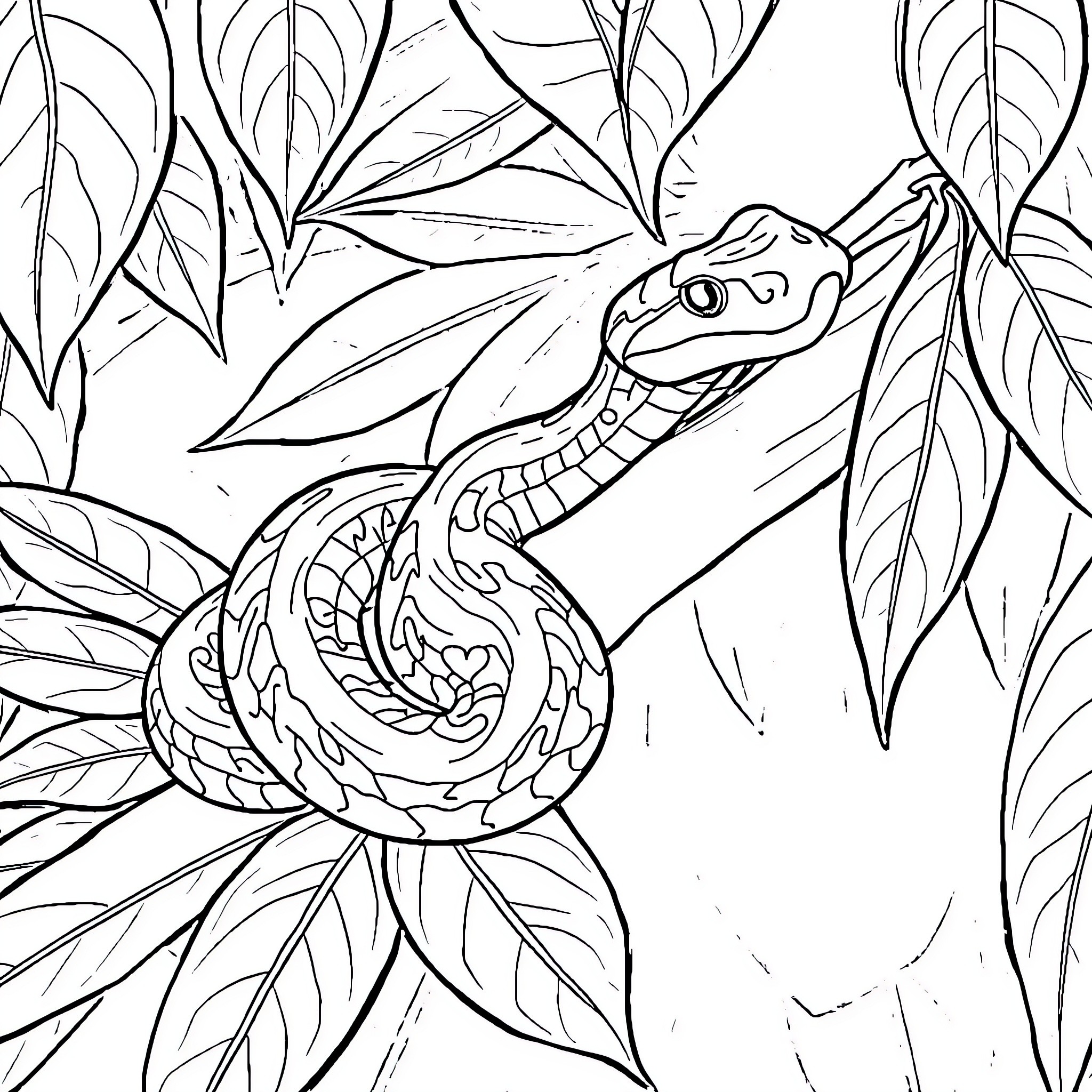 Hawaiian Mamba in the Lush Jungle Coloring Page (free black-and-white line drawing printable PDF for all, from beginners to advanced learners, including children, teens, adults, and seniors)