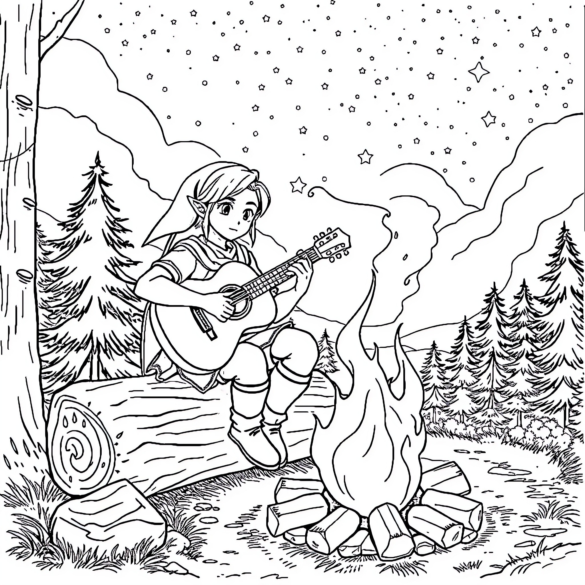 Link playing guitar by campfire under starry night Coloring Page (free black-and-white line drawing printable PDF for all, from beginners to advanced learners, including children, teens, adults, and seniors)