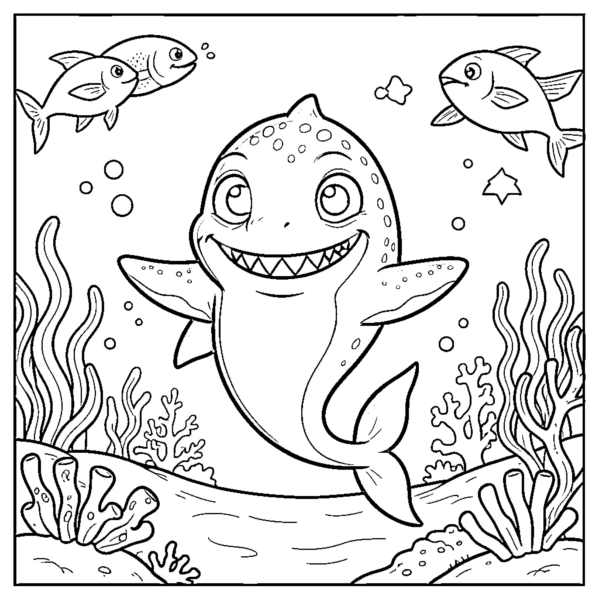 Azul smiling shark swimming with small fish underwater Coloring Page (free black-and-white line drawing printable PDF for all, from beginners to advanced learners, including children, teens, adults, and seniors)