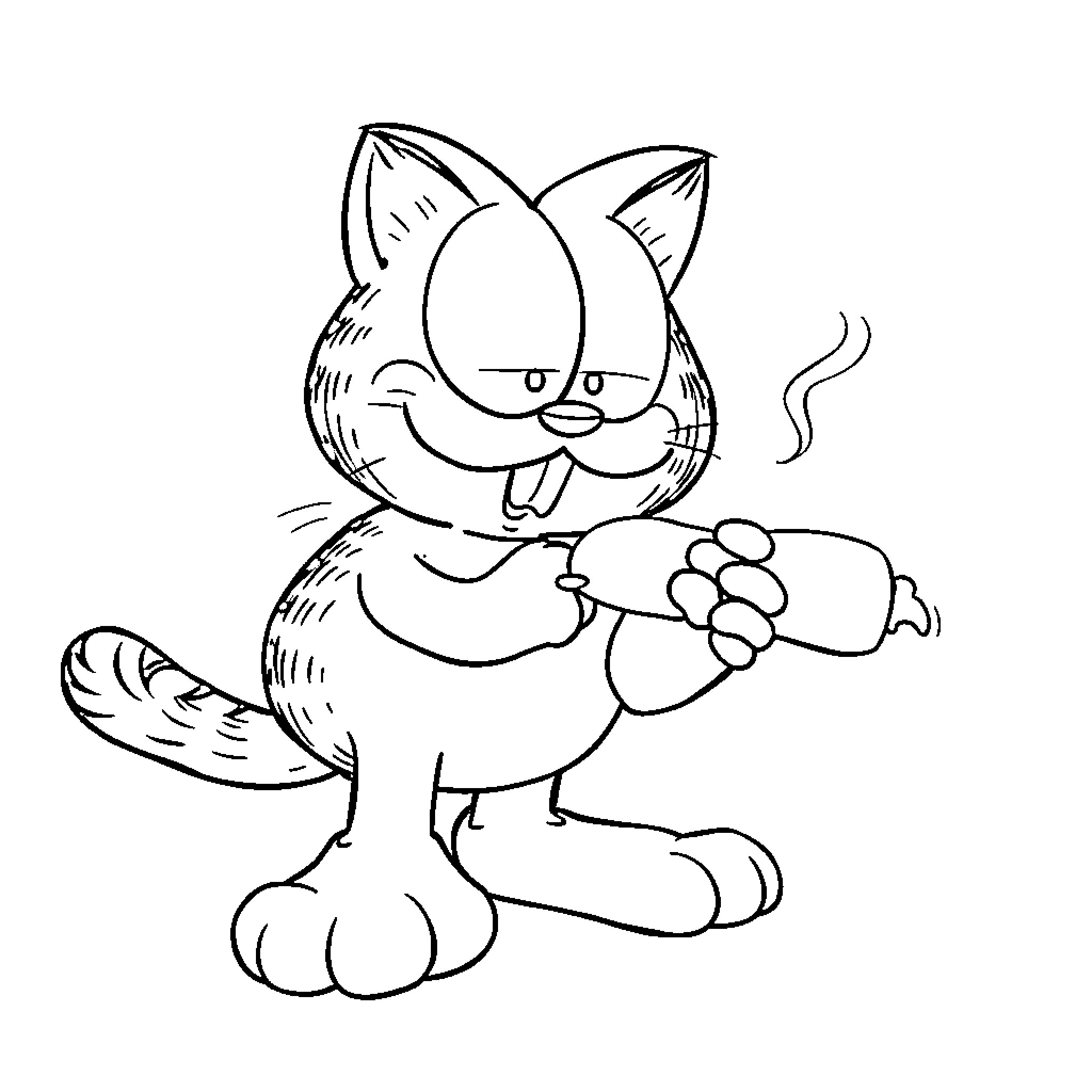 Garfield the Cat Playing with Toys Coloring Page (free black-and-white line drawing printable PDF for all, from beginners to advanced learners, including children, teens, adults, and seniors)