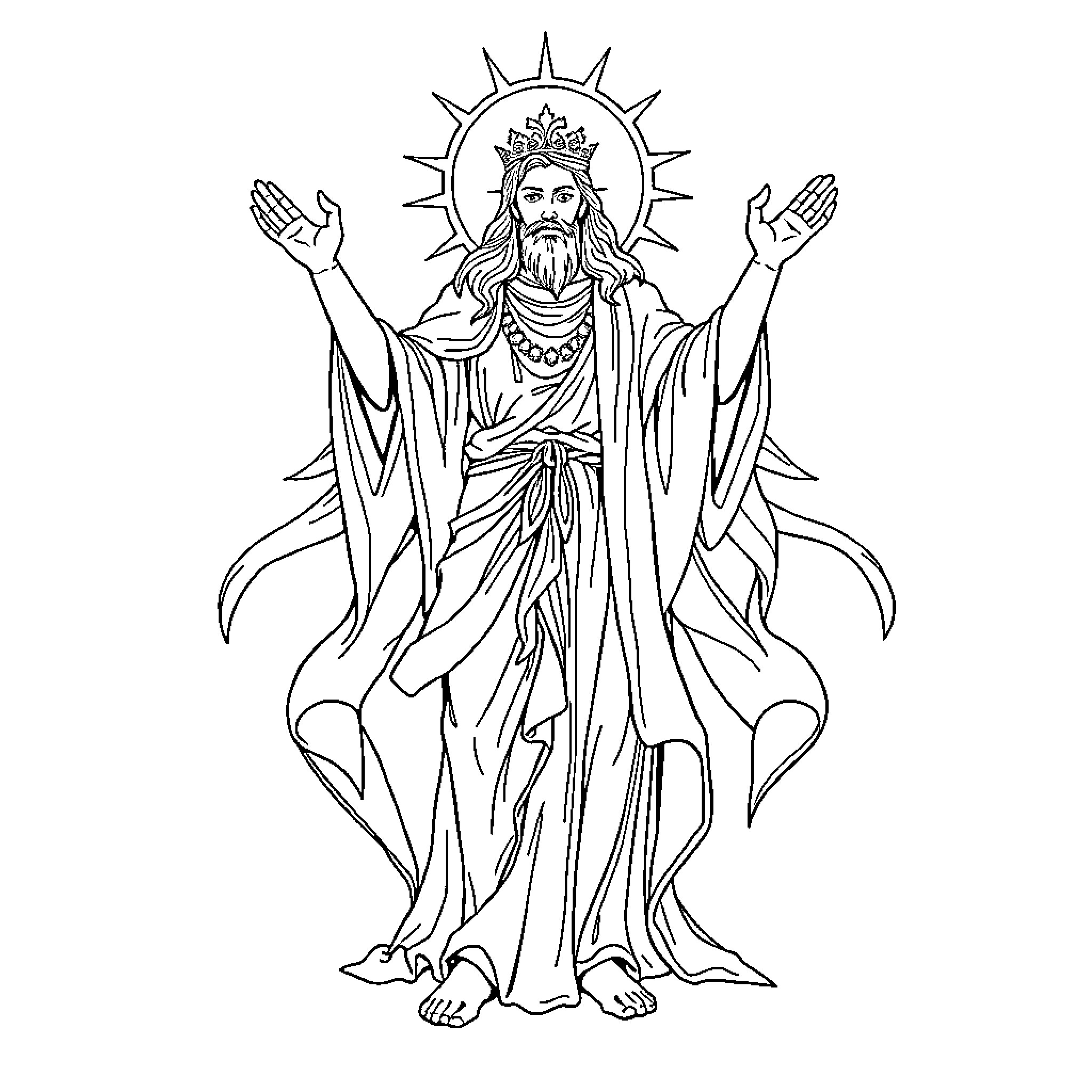 God's Benevolent Presence Radiating Divine Grace Coloring Page (free black-and-white line drawing printable PDF for all, from beginners to advanced learners, including children, teens, adults, and seniors)