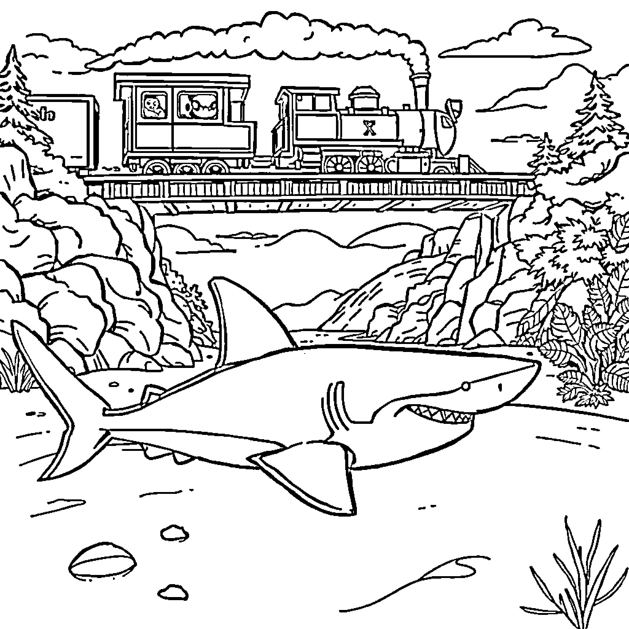 Shark swimming near scenic train in wilderness Coloring Page (free black-and-white line drawing printable PDF for all, from beginners to advanced learners, including children, teens, adults, and seniors)