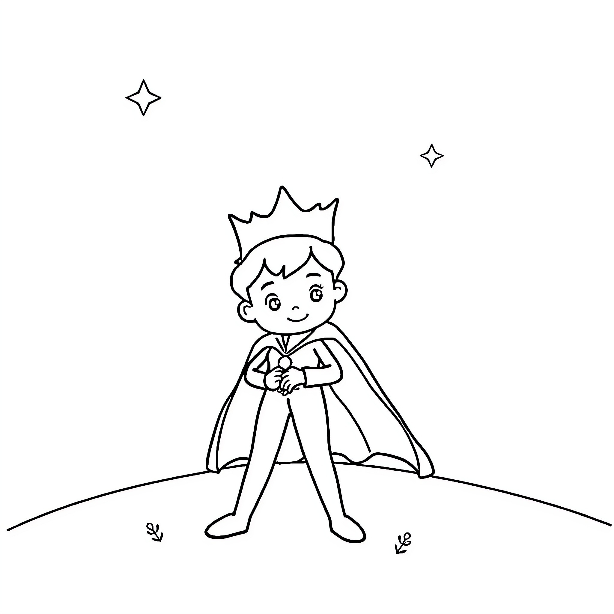 Little Prince on a Starry Night Coloring Page (free black-and-white line drawing printable PDF for all, from beginners to advanced learners, including children, teens, adults, and seniors)