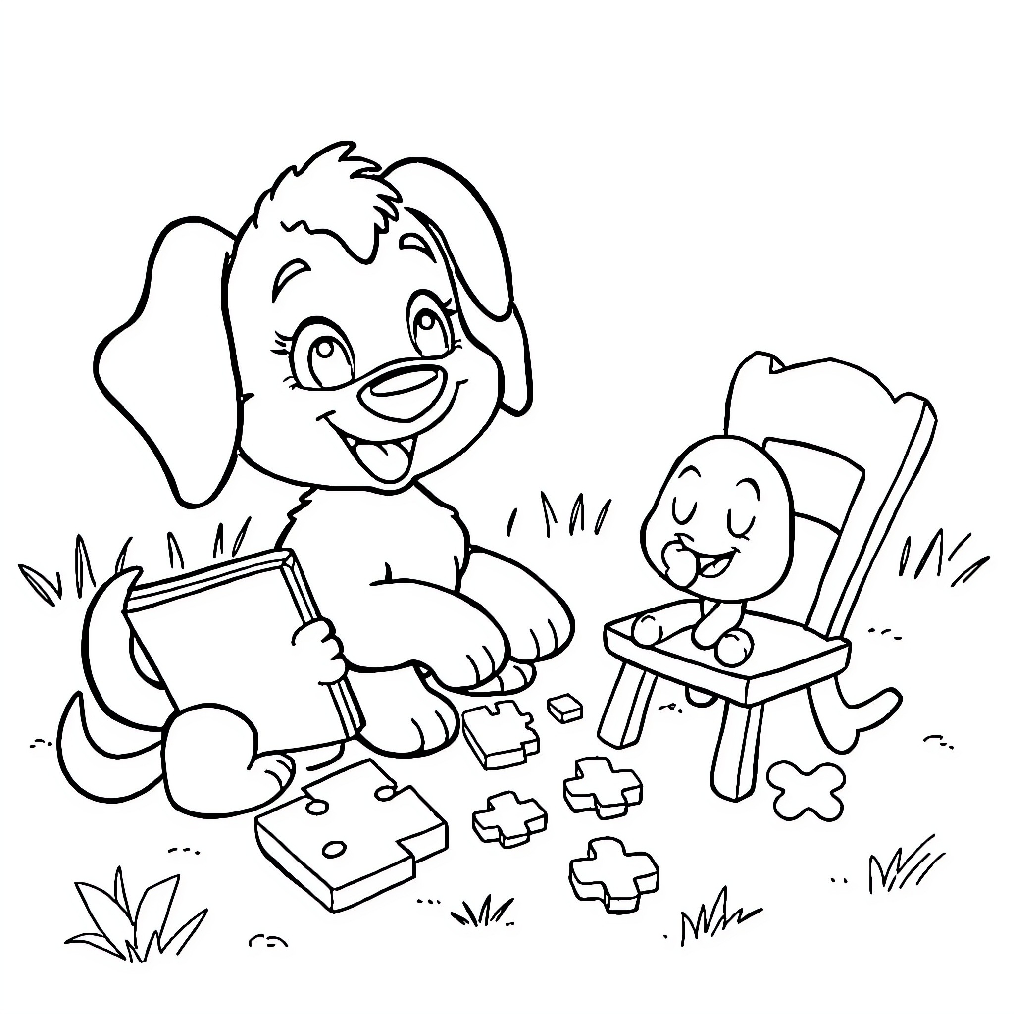 Blue's Clues Puppies Playing with Building Blocks Coloring Page (free black-and-white line drawing printable PDF for all, from beginners to advanced learners, including children, teens, adults, and seniors)
