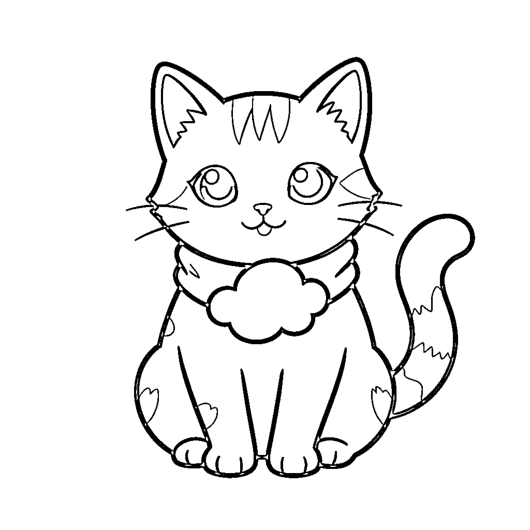 Cat with a Fluffy Tail Sitting Contentedly Coloring Page (free black-and-white line drawing printable PDF for all, from beginners to advanced learners, including children, teens, adults, and seniors)