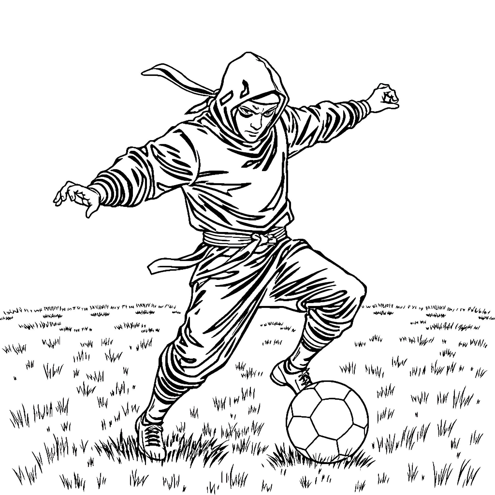 Ninja performs acrobatic moves with soccer ball Coloring Page (free black-and-white line drawing printable PDF for all, from beginners to advanced learners, including children, teens, adults, and seniors)