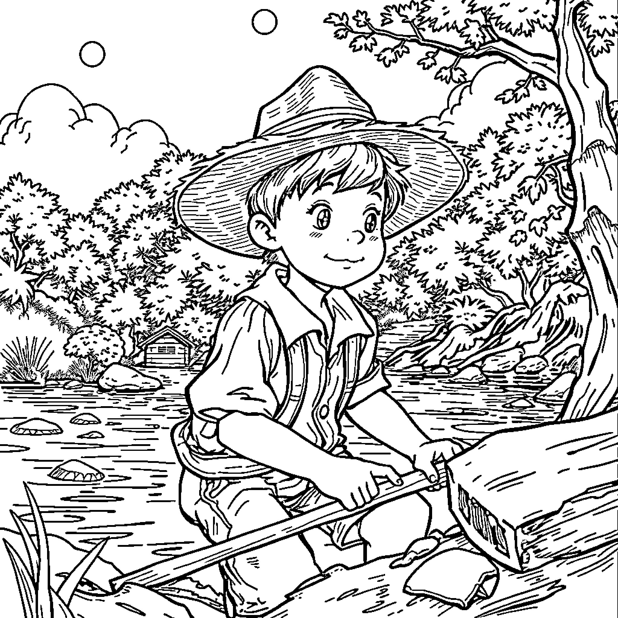 Tom Sawyer exploring the riverbank with curiosity Coloring Page (free black-and-white line drawing printable PDF for all, from beginners to advanced learners, including children, teens, adults, and seniors)