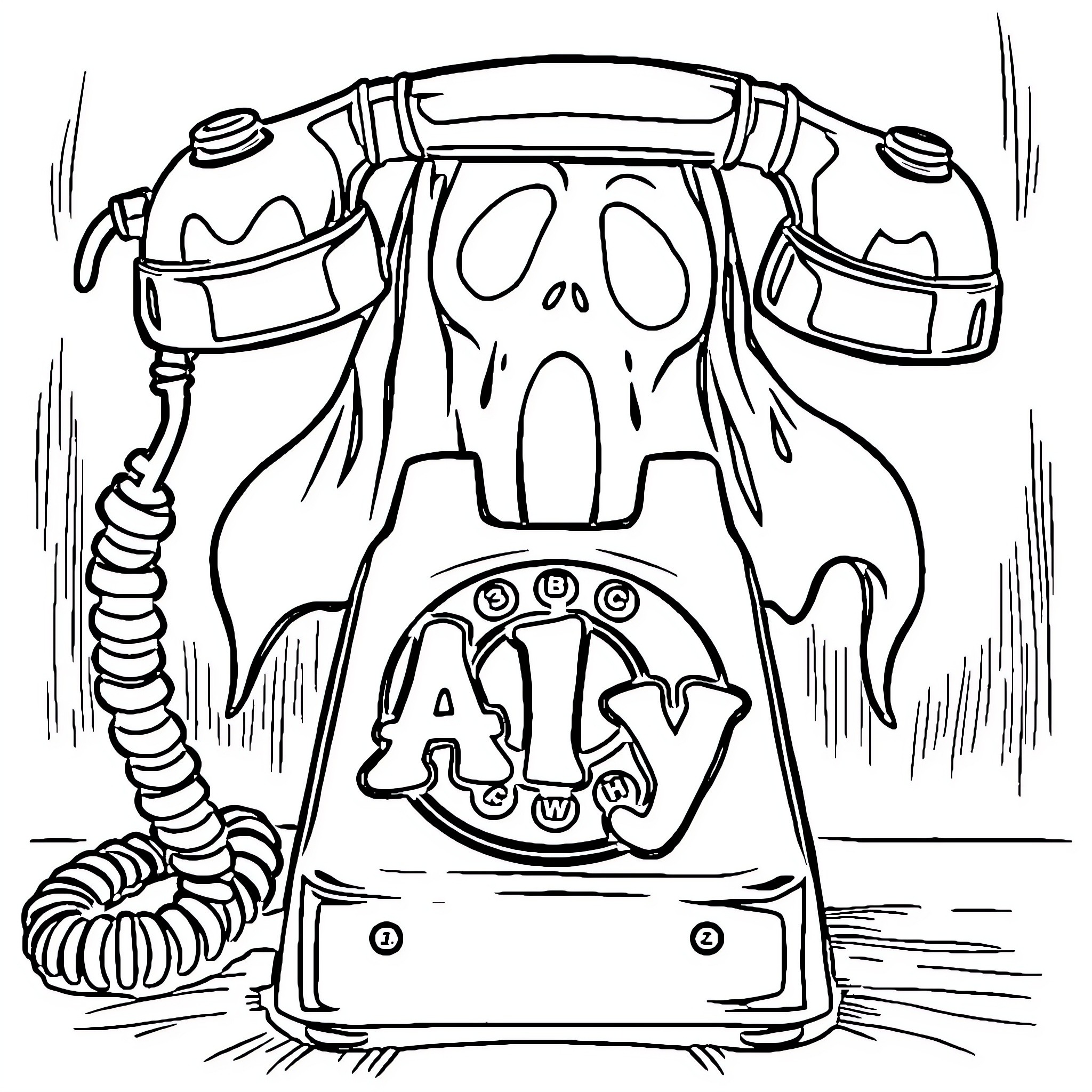Ghostface's Creepy Telephone Calling Coloring Page (free black-and-white line drawing printable PDF for all, from beginners to advanced learners, including children, teens, adults, and seniors)
