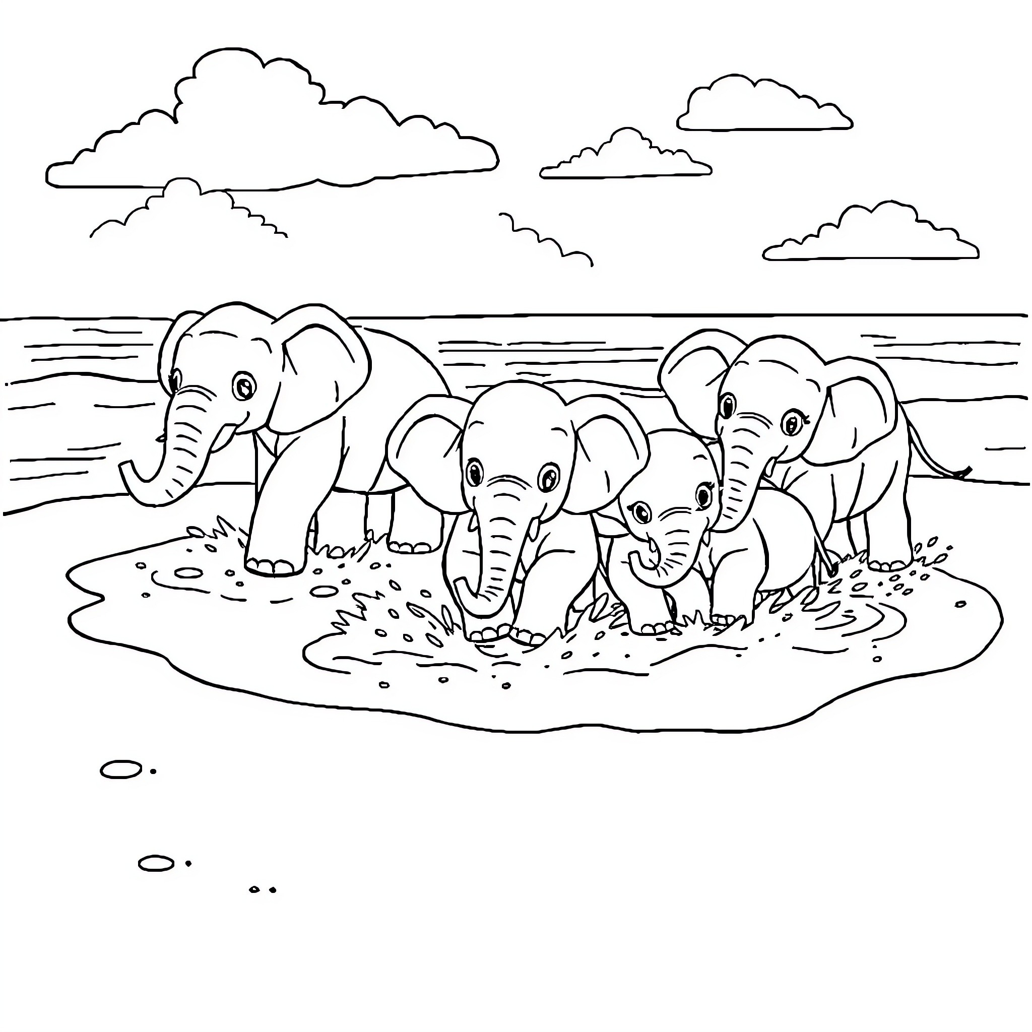 Elephants Playing in the Water Coloring Page (free black-and-white line drawing printable PDF for all, from beginners to advanced learners, including children, teens, adults, and seniors)
