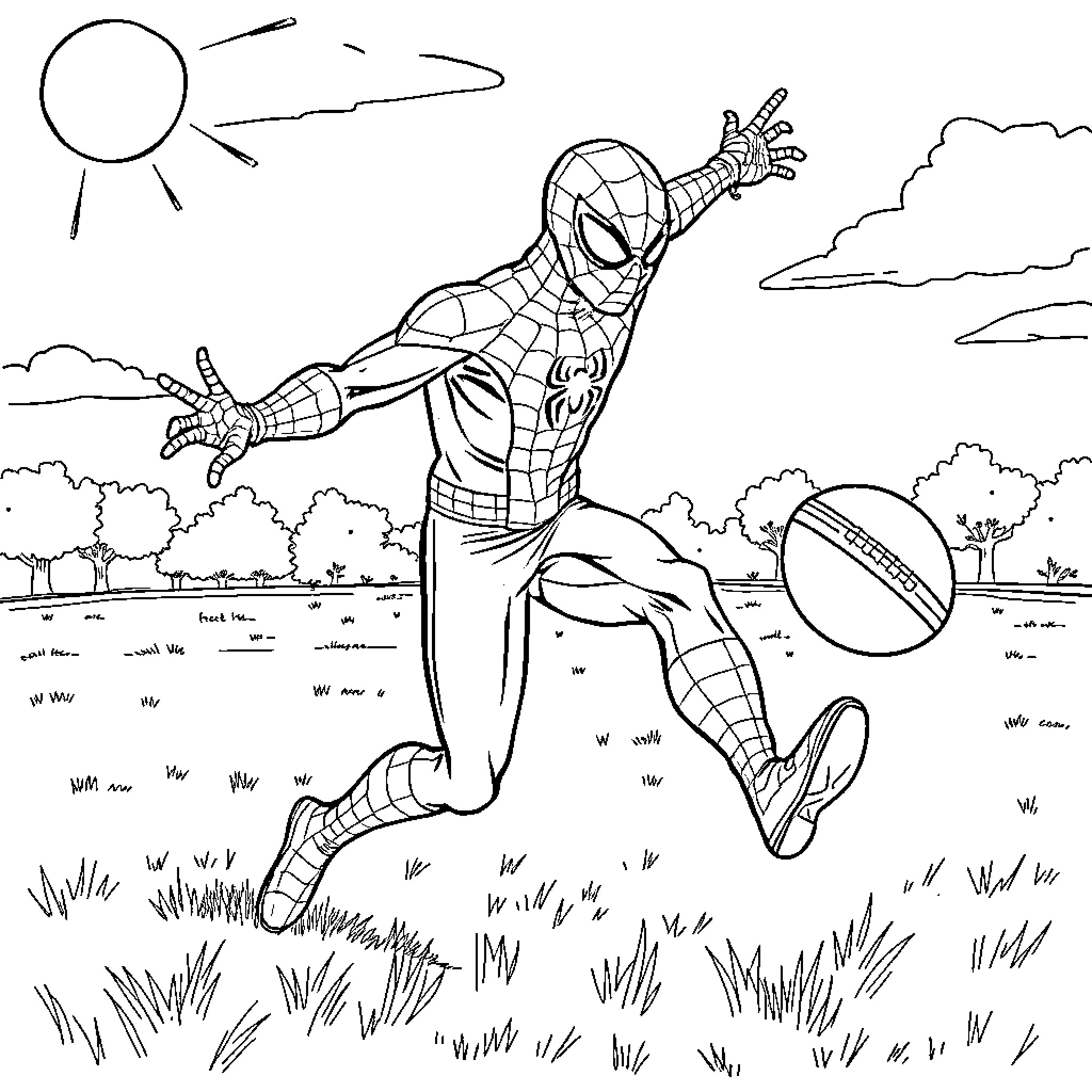 Spider-Man swinging through the city with confidence Coloring Page (free black-and-white line drawing printable PDF for all, from beginners to advanced learners, including children, teens, adults, and seniors)
