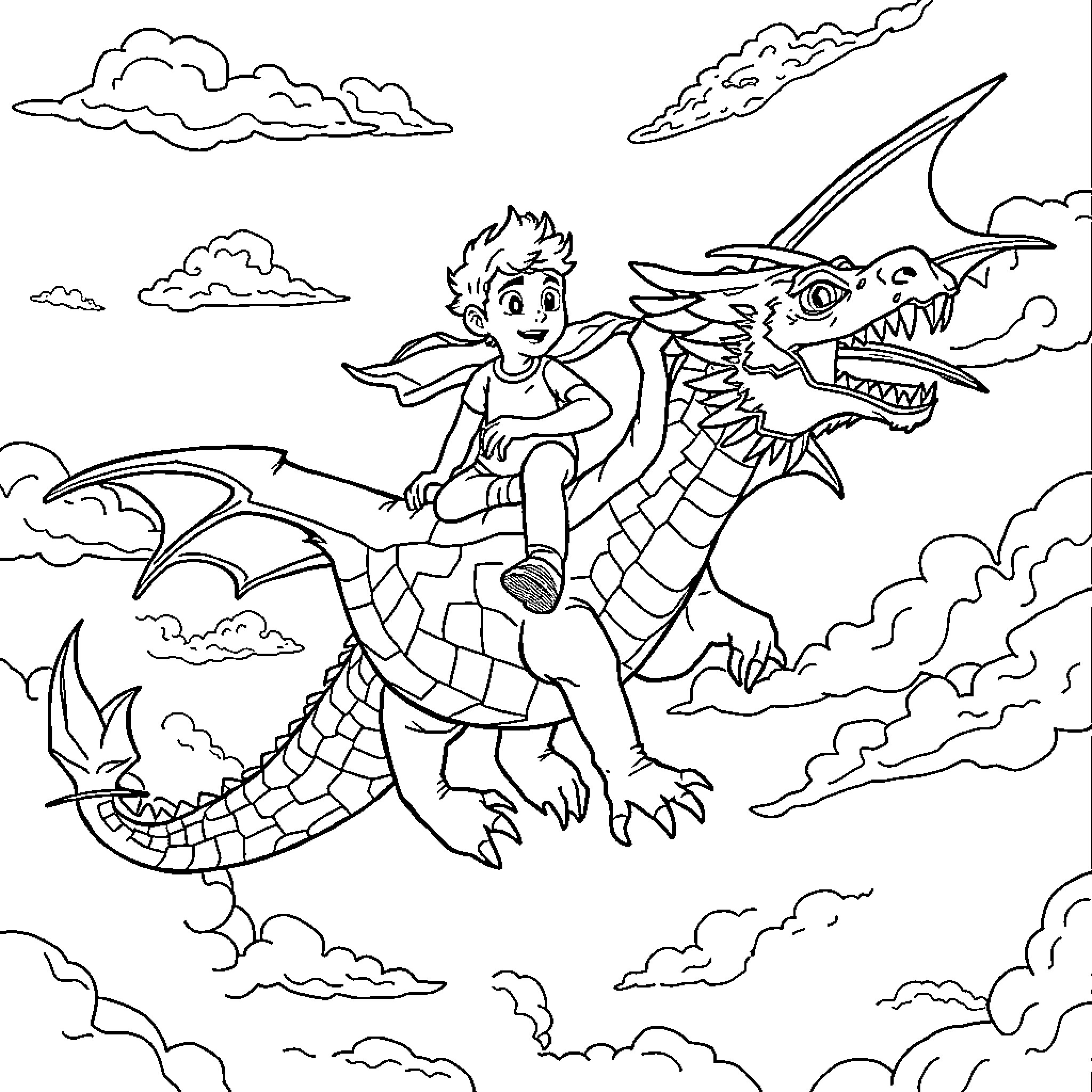 Jake Peralta riding a magical dragon through the clouds Coloring Page (free black-and-white line drawing printable PDF for all, from beginners to advanced learners, including children, teens, adults, and seniors)