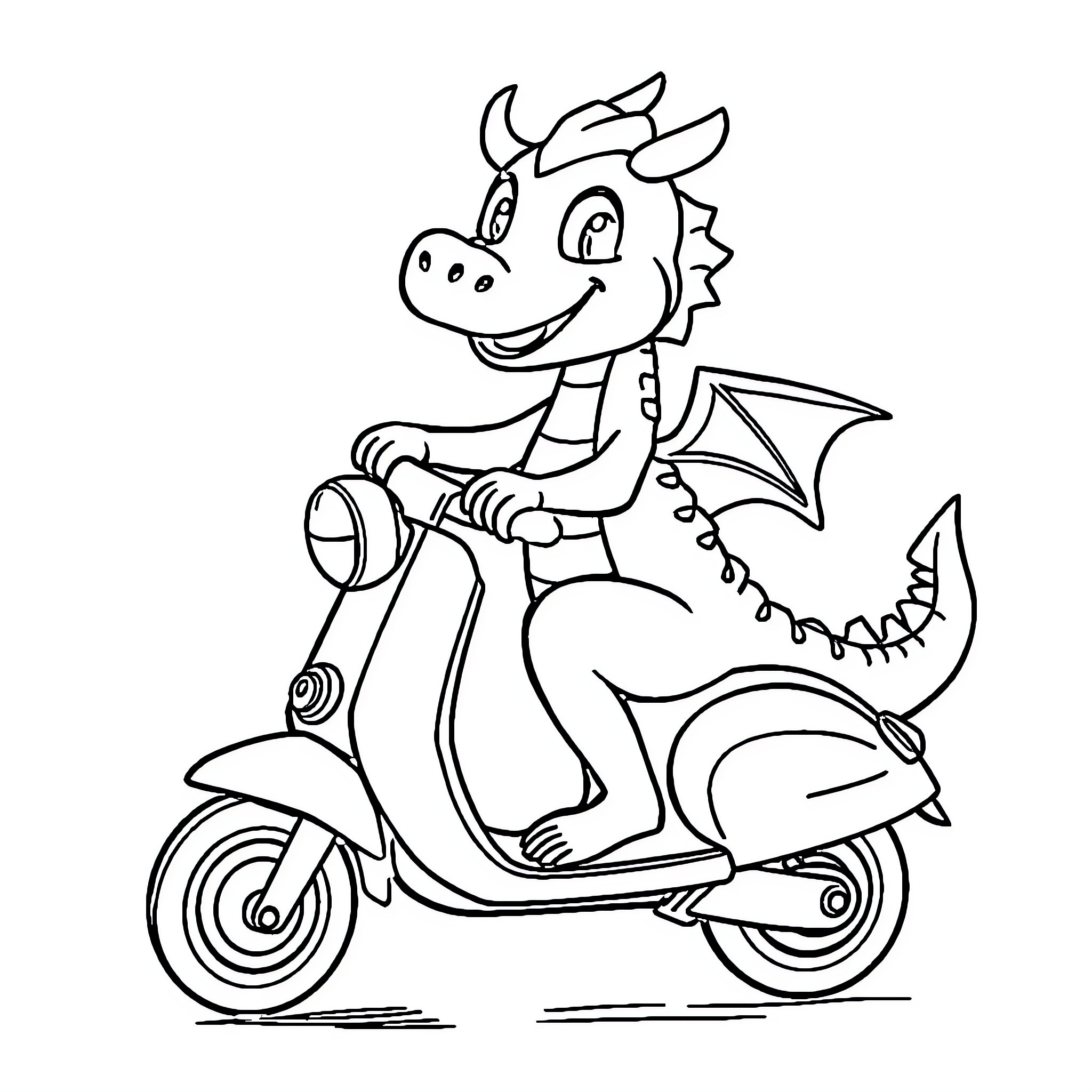 Dragon riding a scooter happily Coloring Page (free black-and-white line drawing printable PDF for all, from beginners to advanced learners, including children, teens, adults, and seniors)