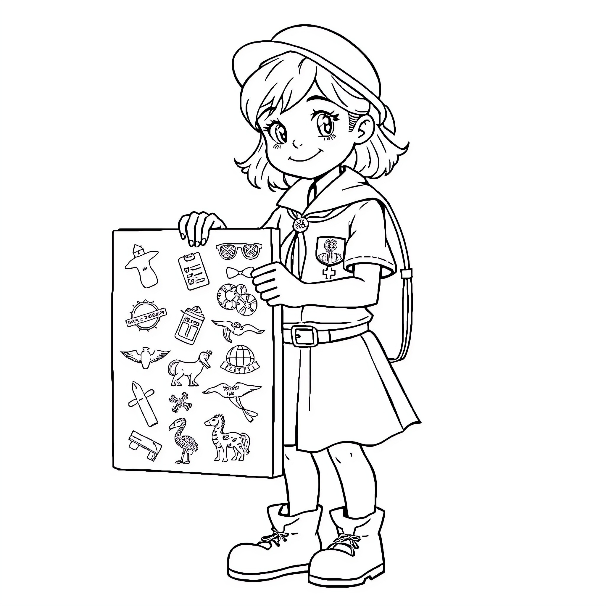 Girl holding up illustrated exploration map Coloring Page (free black-and-white line drawing printable PDF for all, from beginners to advanced learners, including children, teens, adults, and seniors)