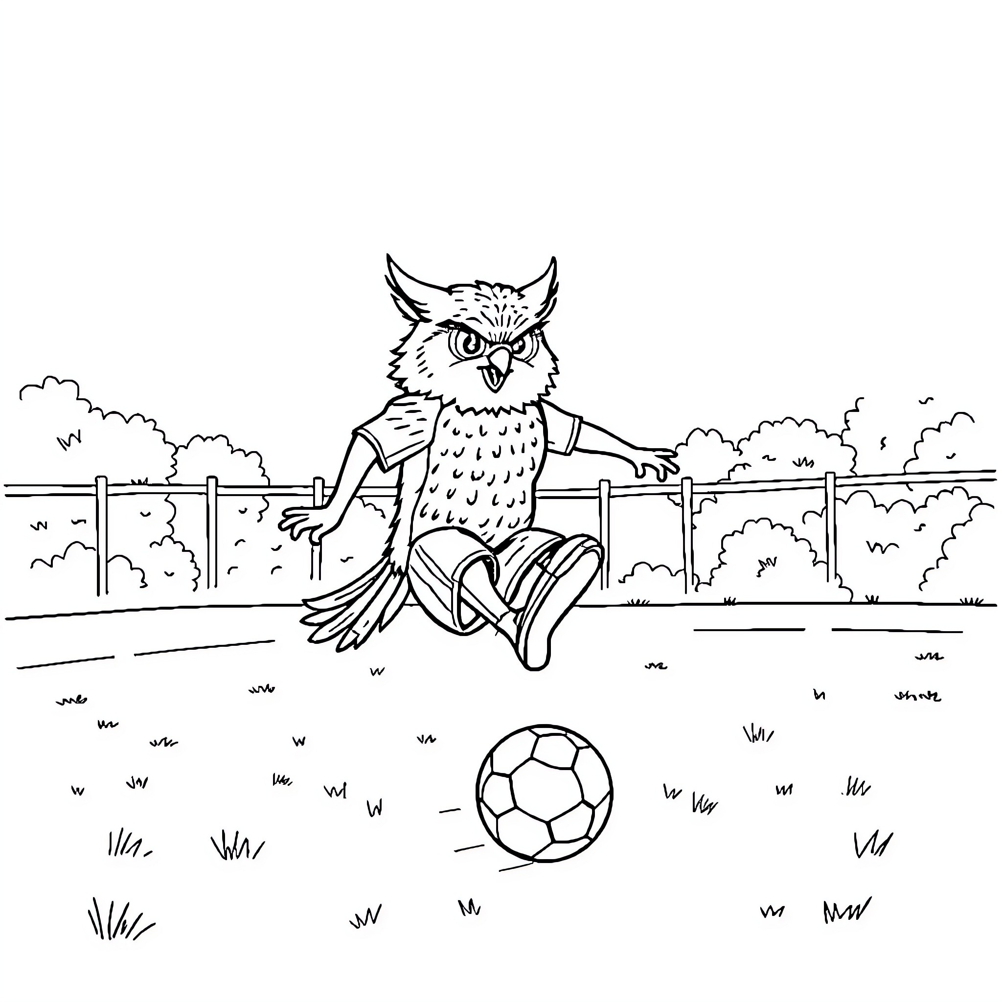 Búho playing with a soccer ball in the park Coloring Page (free black-and-white line drawing printable PDF for all, from beginners to advanced learners, including children, teens, adults, and seniors)