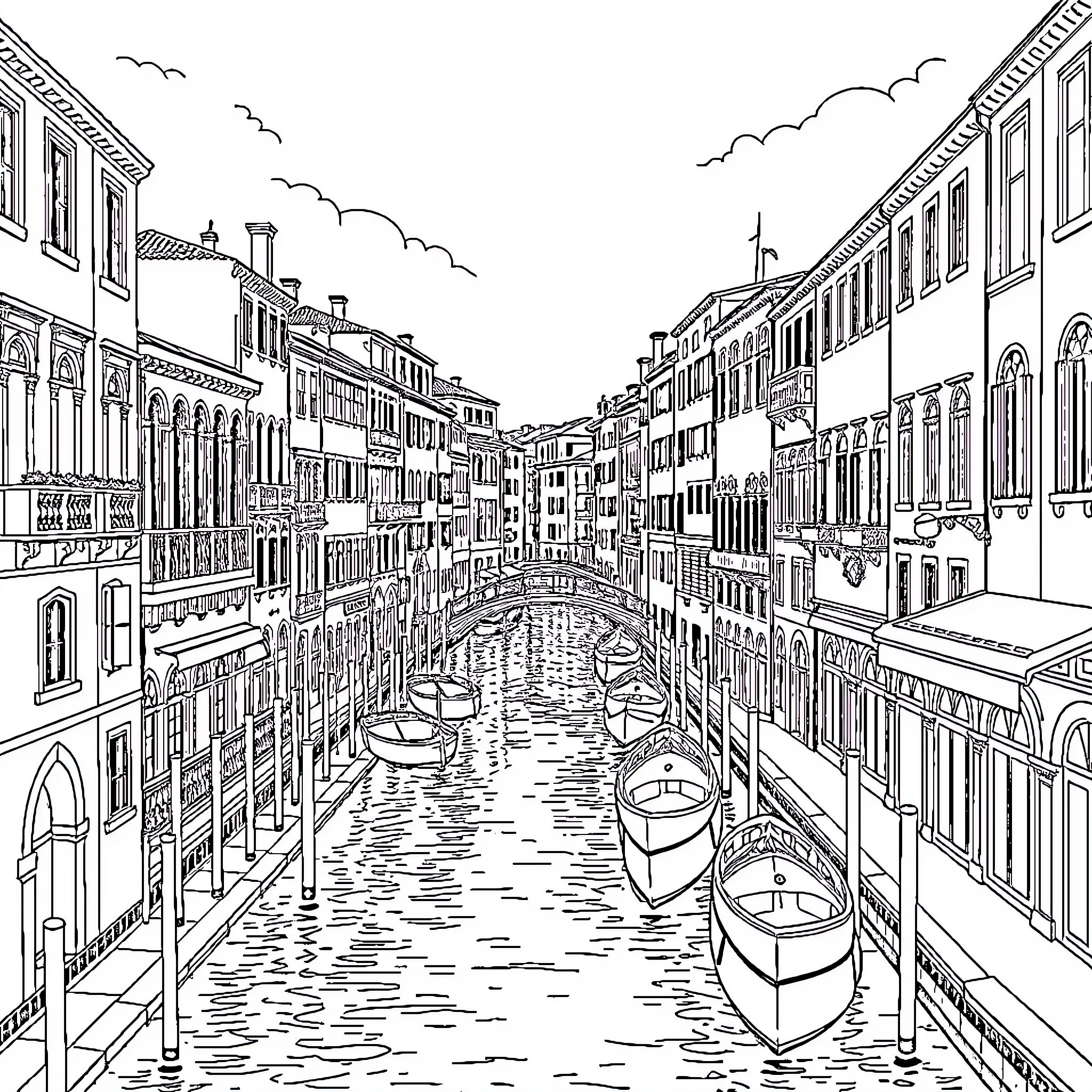 Venice Cityscape with Canals and Gondolas Coloring Page (free black-and-white line drawing printable PDF for all, from beginners to advanced learners, including children, teens, adults, and seniors)