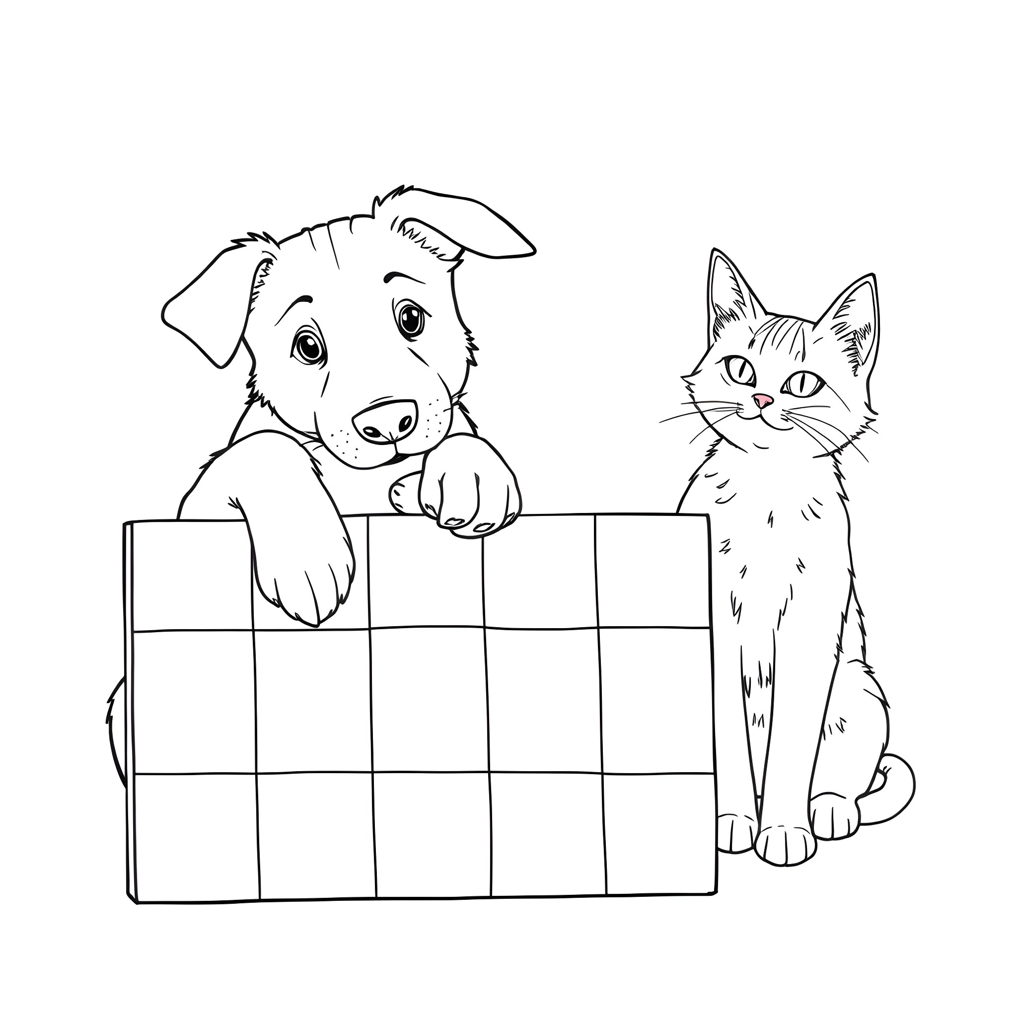 Dog and cat playing with blocks Coloring Page (free black-and-white line drawing printable PDF for all, from beginners to advanced learners, including children, teens, adults, and seniors)