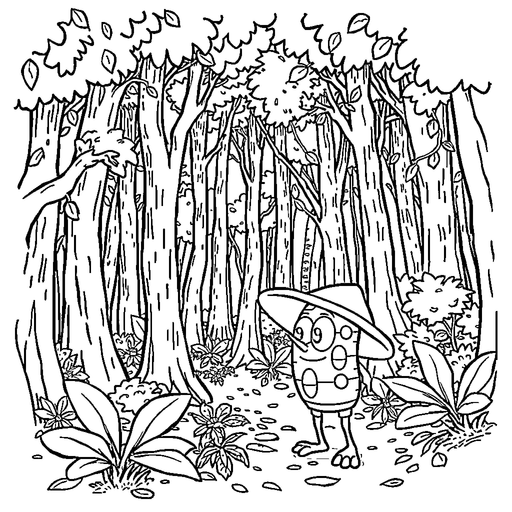 Bob esponja en un escenario de bosque y plantas Coloring Page (free black-and-white line drawing printable PDF for all, from beginners to advanced learners, including children, teens, adults, and seniors)