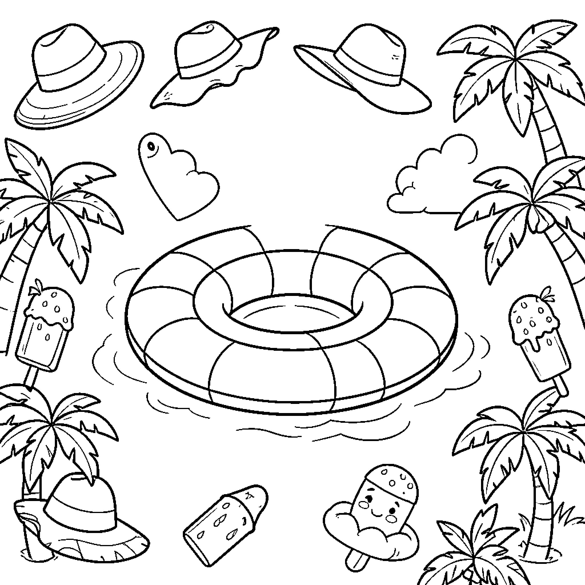 Flotador floating amidst tropical palms and summer treats Coloring Page (free black-and-white line drawing printable PDF for all, from beginners to advanced learners, including children, teens, adults, and seniors)