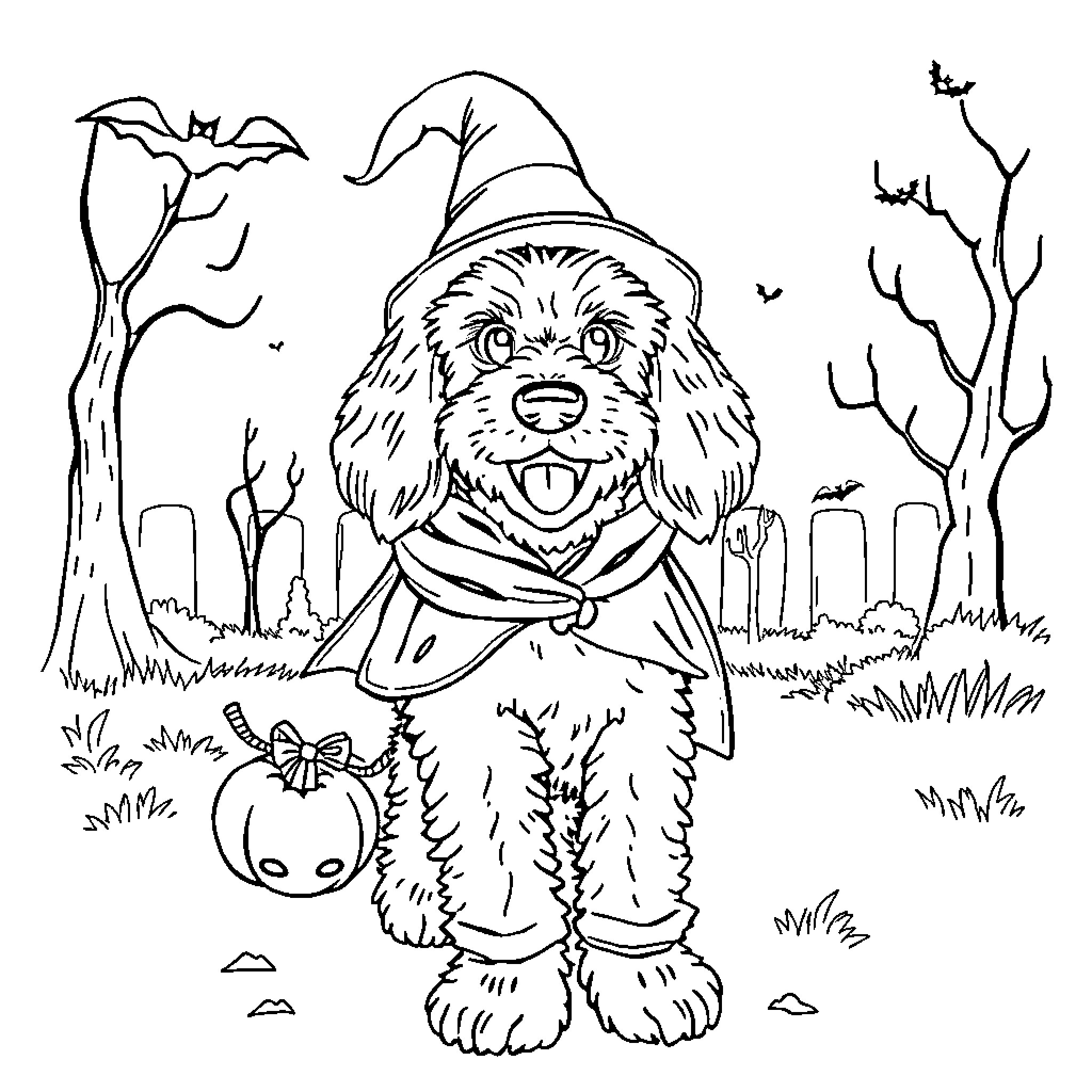 Doodle of a dog in a Halloween costume with pumpkin Coloring Page (free black-and-white line drawing printable PDF for all, from beginners to advanced learners, including children, teens, adults, and seniors)