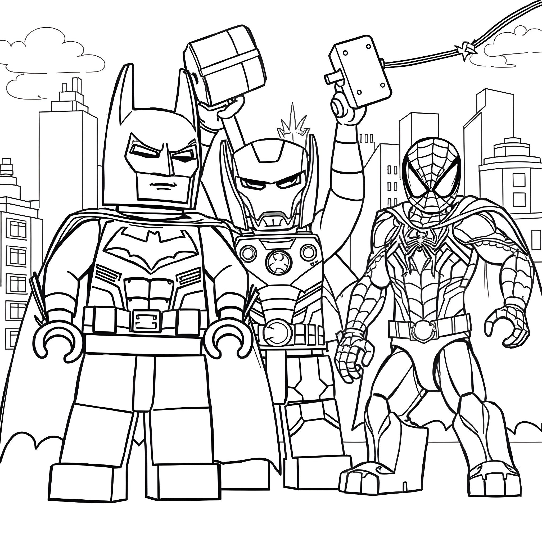 Superhero Lego Characters in Action Coloring Page (free black-and-white line drawing printable PDF for all, from beginners to advanced learners, including children, teens, adults, and seniors)