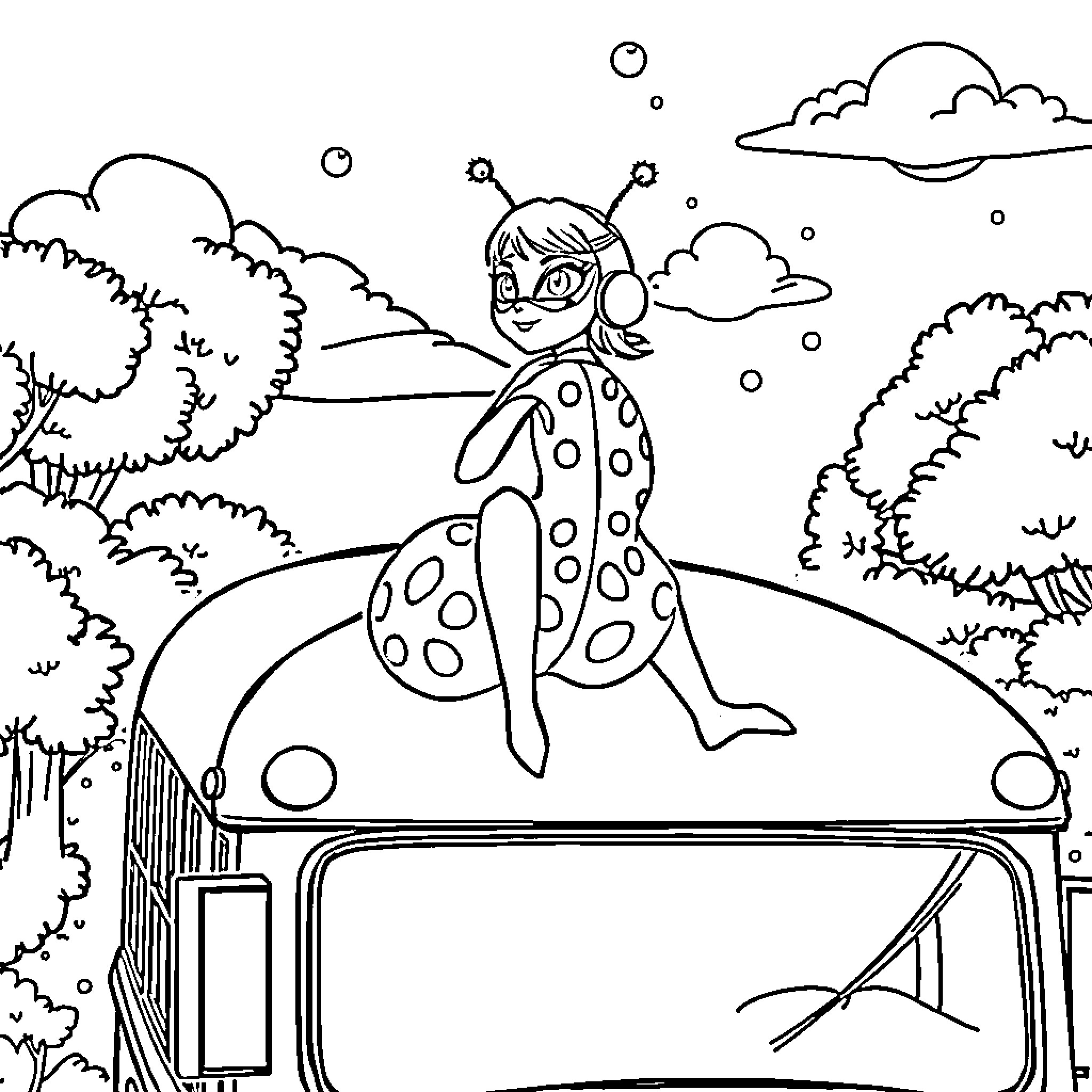 Ladybug resting on a log in the countryside Coloring Page (free black-and-white line drawing printable PDF for all, from beginners to advanced learners, including children, teens, adults, and seniors)
