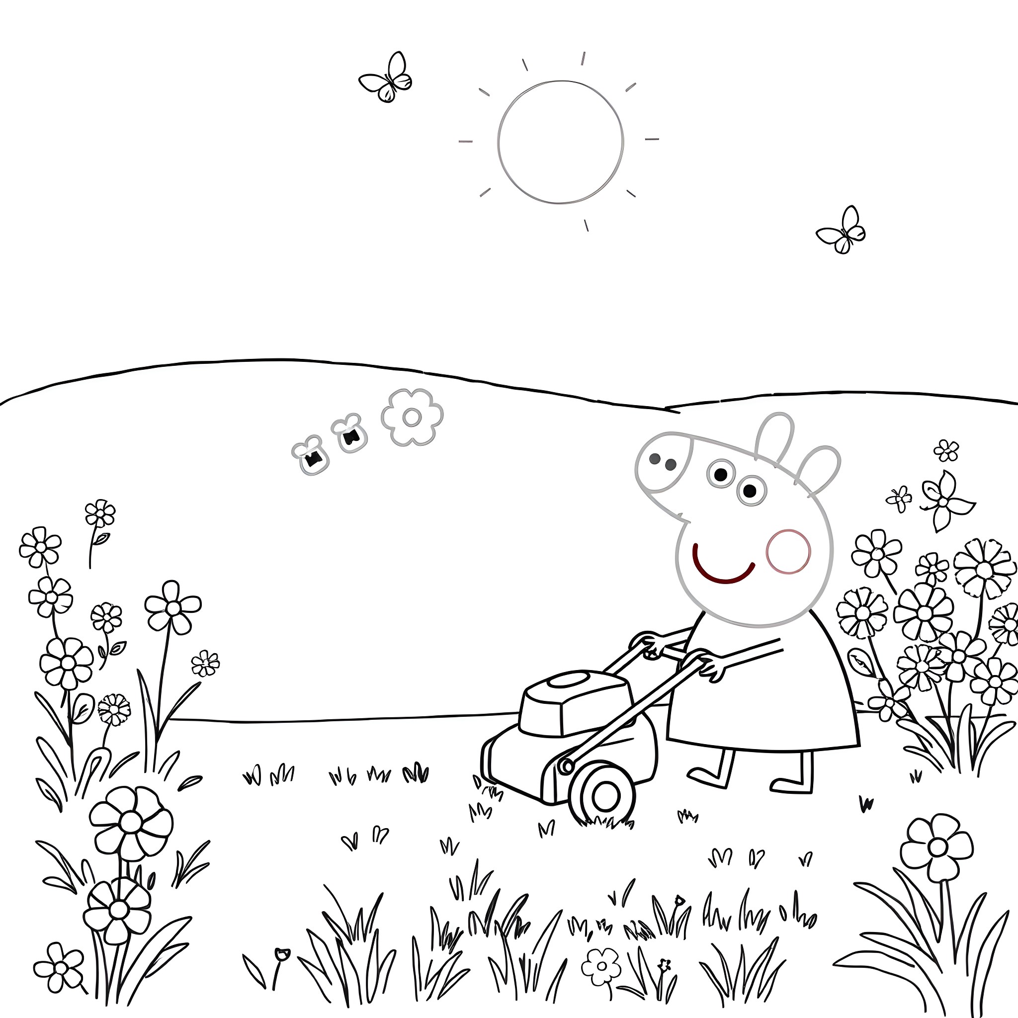 Peppa Pig mows the lawn in a sunny field Coloring Page (free black-and-white line drawing printable PDF for all, from beginners to advanced learners, including children, teens, adults, and seniors)
