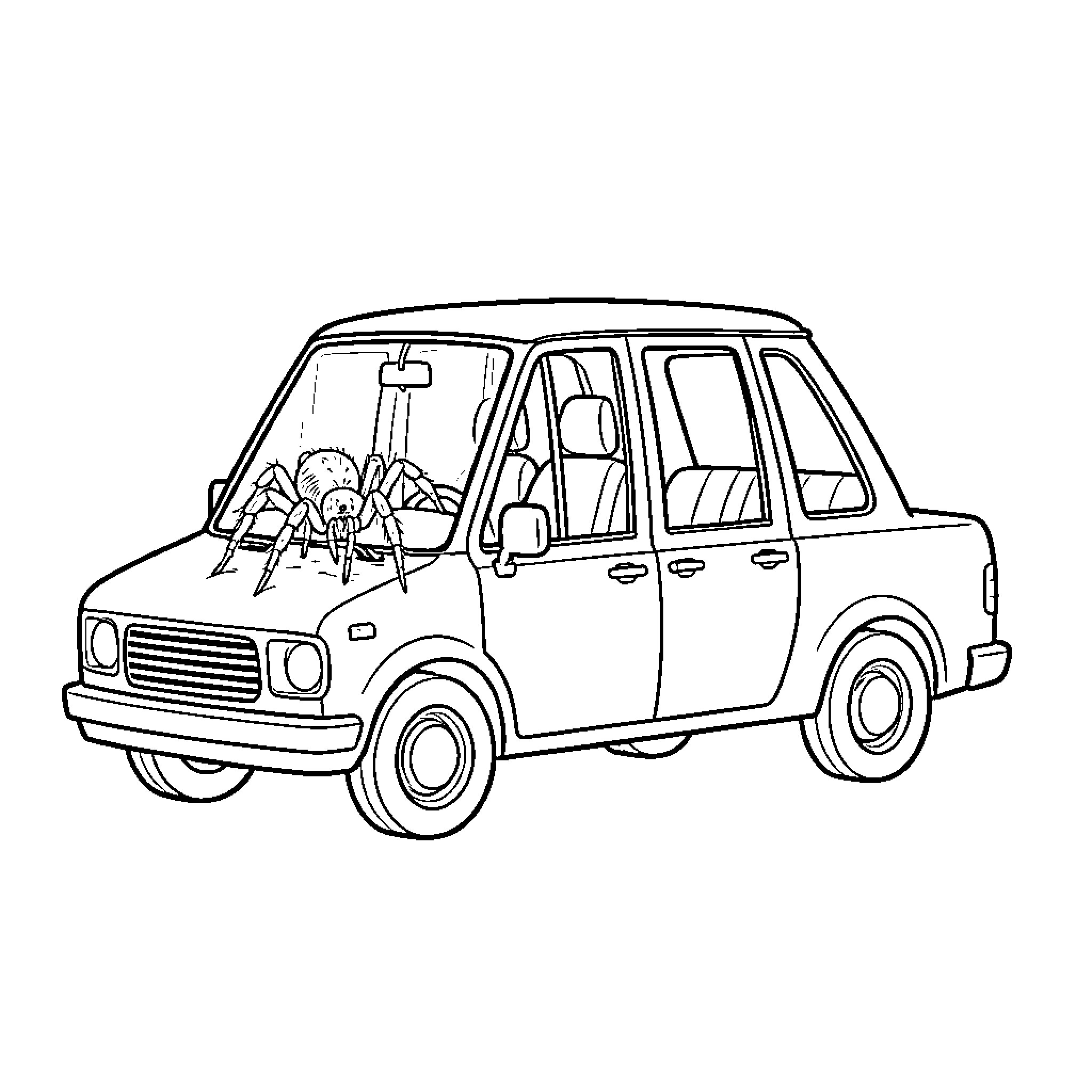 Spider sitting on the hood of a car Coloring Page (free black-and-white line drawing printable PDF for all, from beginners to advanced learners, including children, teens, adults, and seniors)
