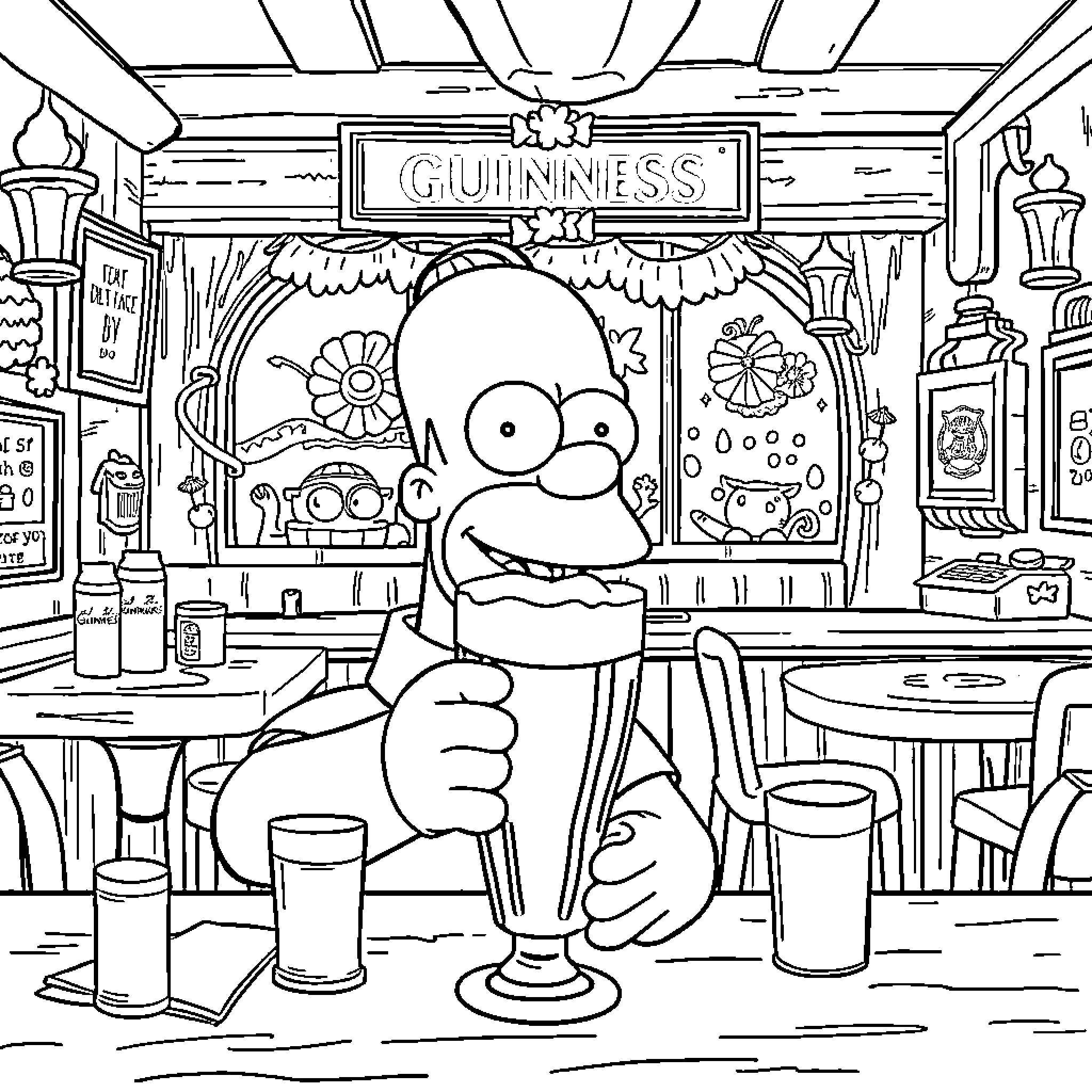 Homer Simpson enjoying a Guinness in a cozy bar Coloring Page (free black-and-white line drawing printable PDF for all, from beginners to advanced learners, including children, teens, adults, and seniors)
