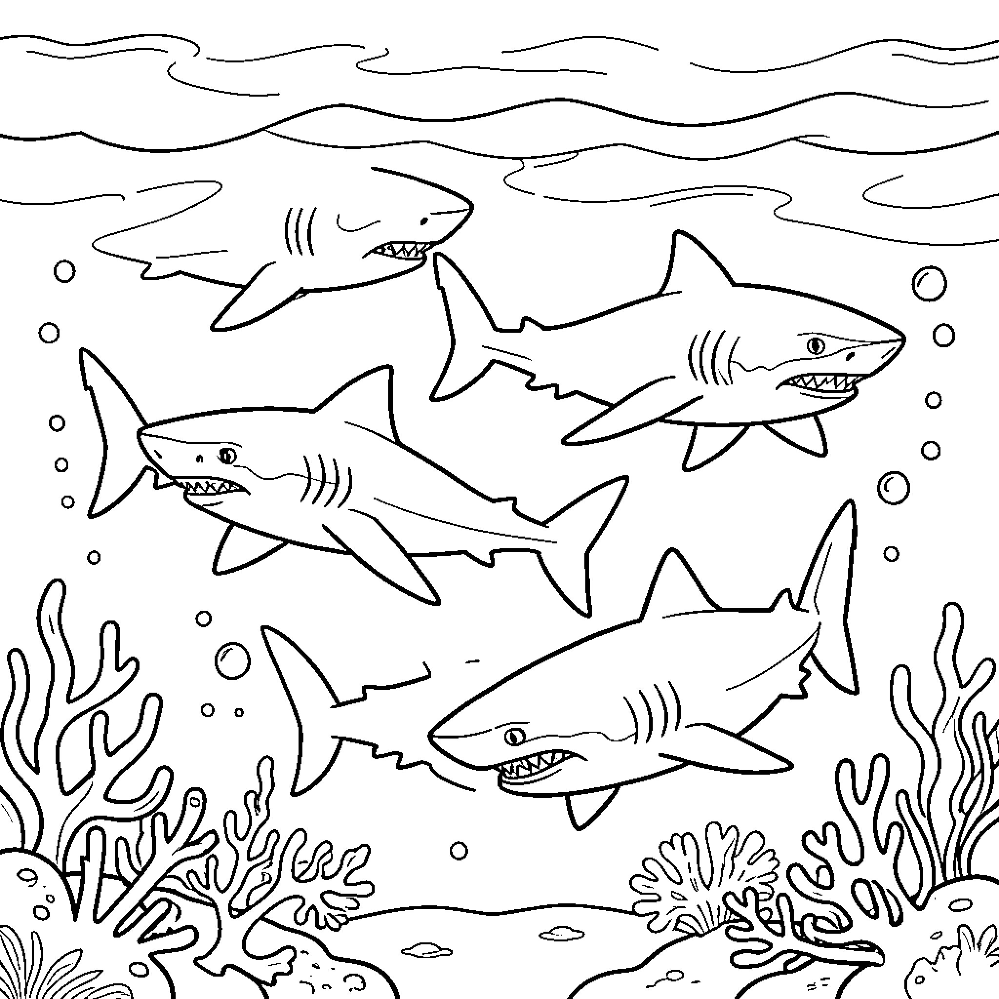 Shark swimming through an ocean coral reef Coloring Page (free black-and-white line drawing printable PDF for all, from beginners to advanced learners, including children, teens, adults, and seniors)