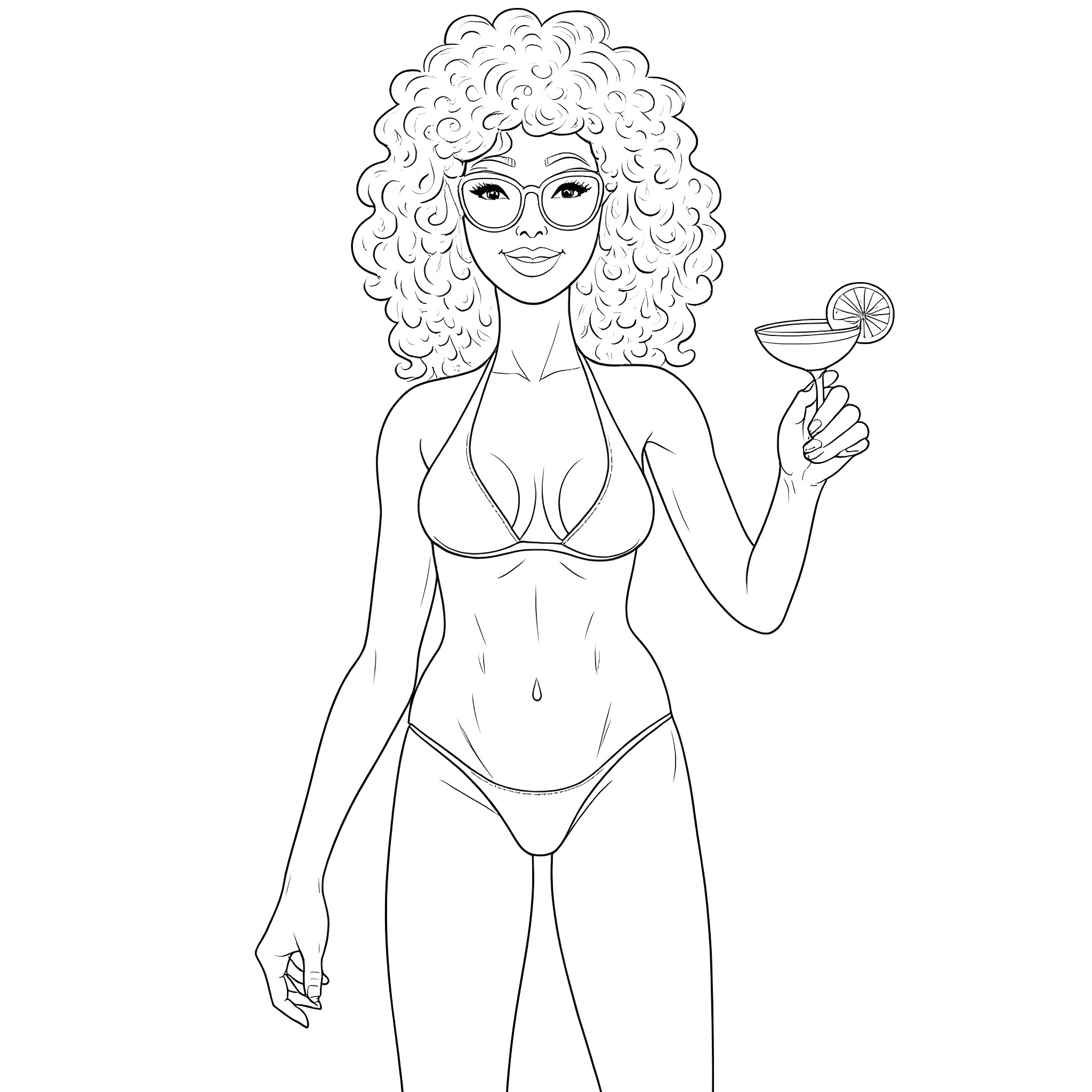 Pam Grier in stylish swimwear holding a cocktail Coloring Page (free black-and-white line drawing printable PDF for all, from beginners to advanced learners, including children, teens, adults, and seniors)