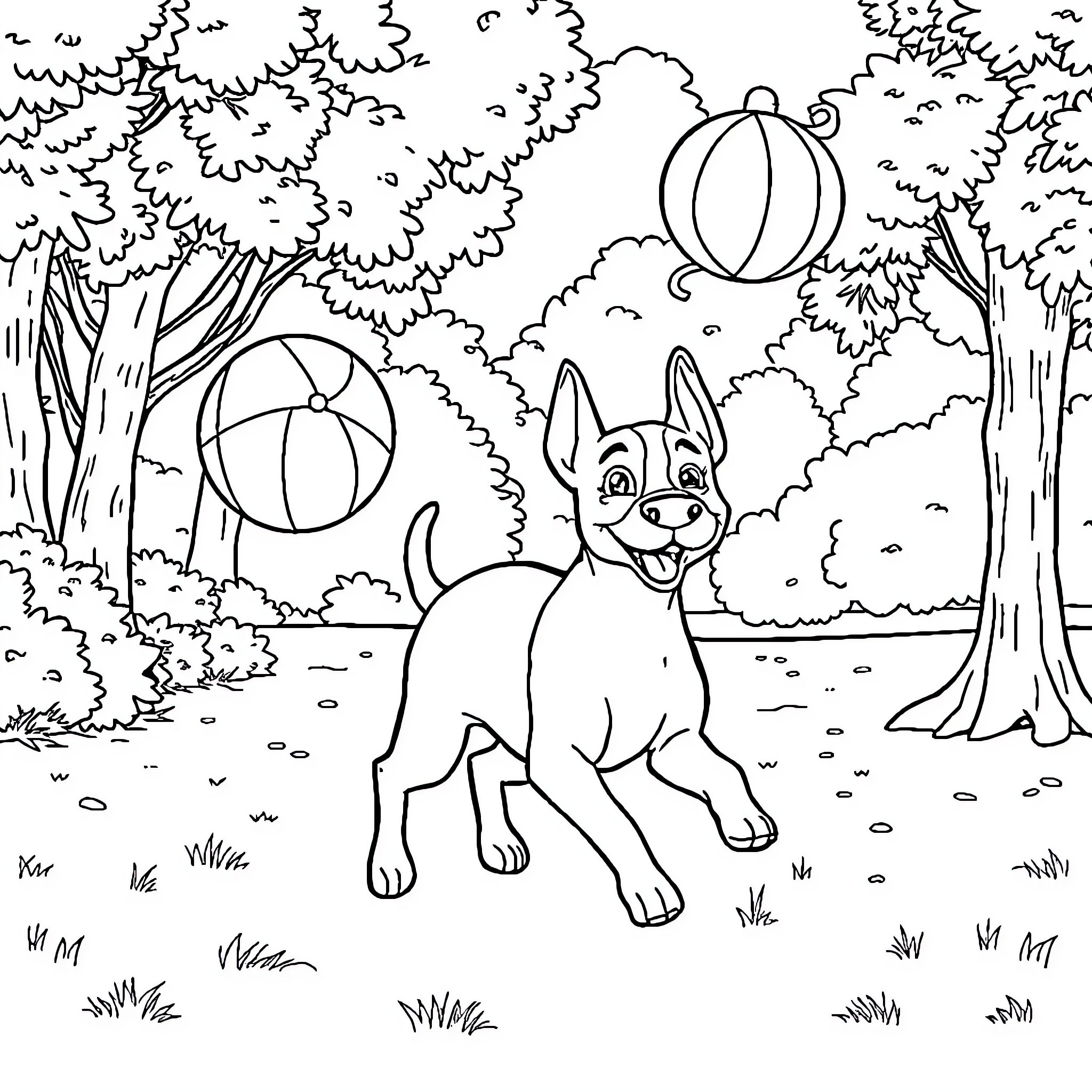 Perro playing with balls in the forest Coloring Page (free black-and-white line drawing printable PDF for all, from beginners to advanced learners, including children, teens, adults, and seniors)