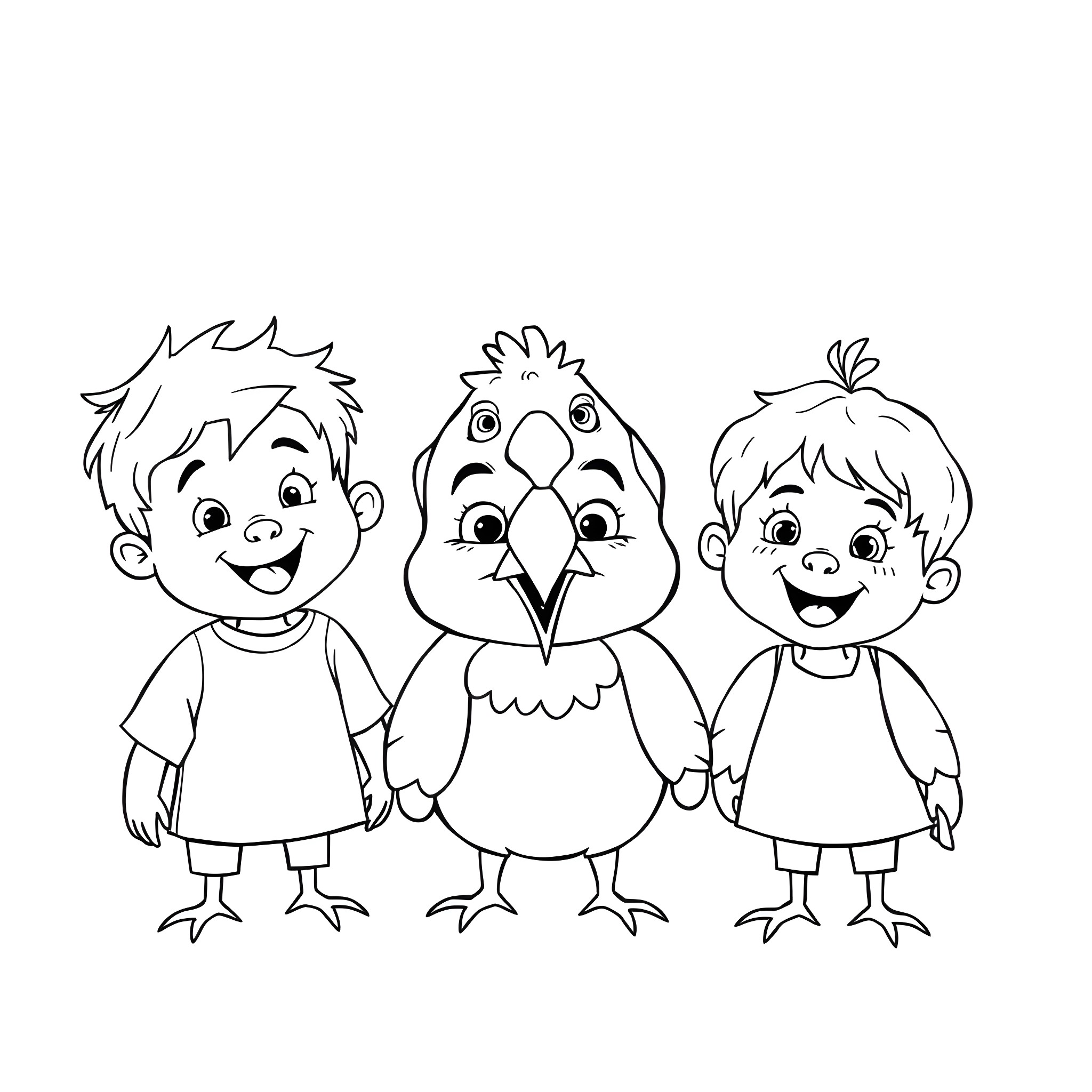 Kid characters in playful cartoon style Coloring Page (free black-and-white line drawing printable PDF for all, from beginners to advanced learners, including children, teens, adults, and seniors)