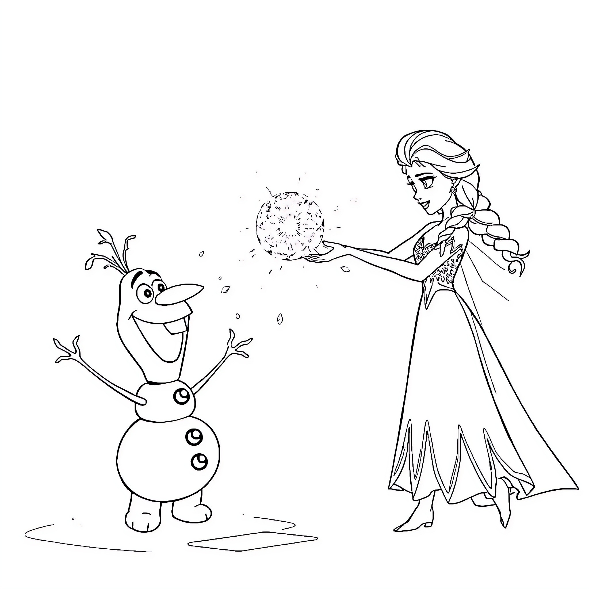 Elsa playing with Olaf the snowman Coloring Page (free black-and-white line drawing printable PDF for all, from beginners to advanced learners, including children, teens, adults, and seniors)