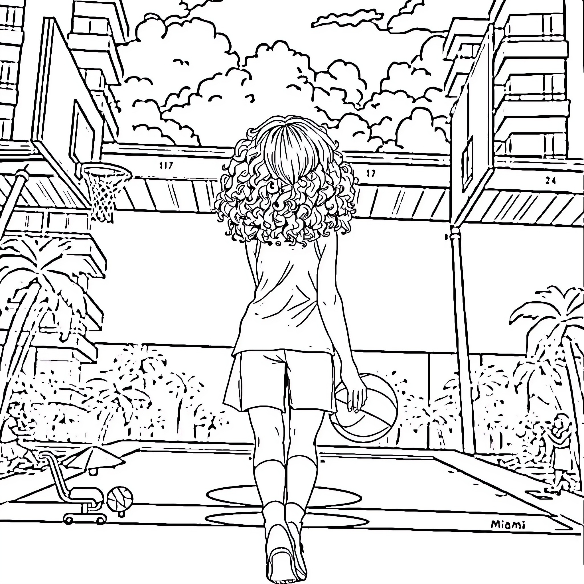 Girl enjoys the scenic view in a tropical setting Coloring Page (free black-and-white line drawing printable PDF for all, from beginners to advanced learners, including children, teens, adults, and seniors)