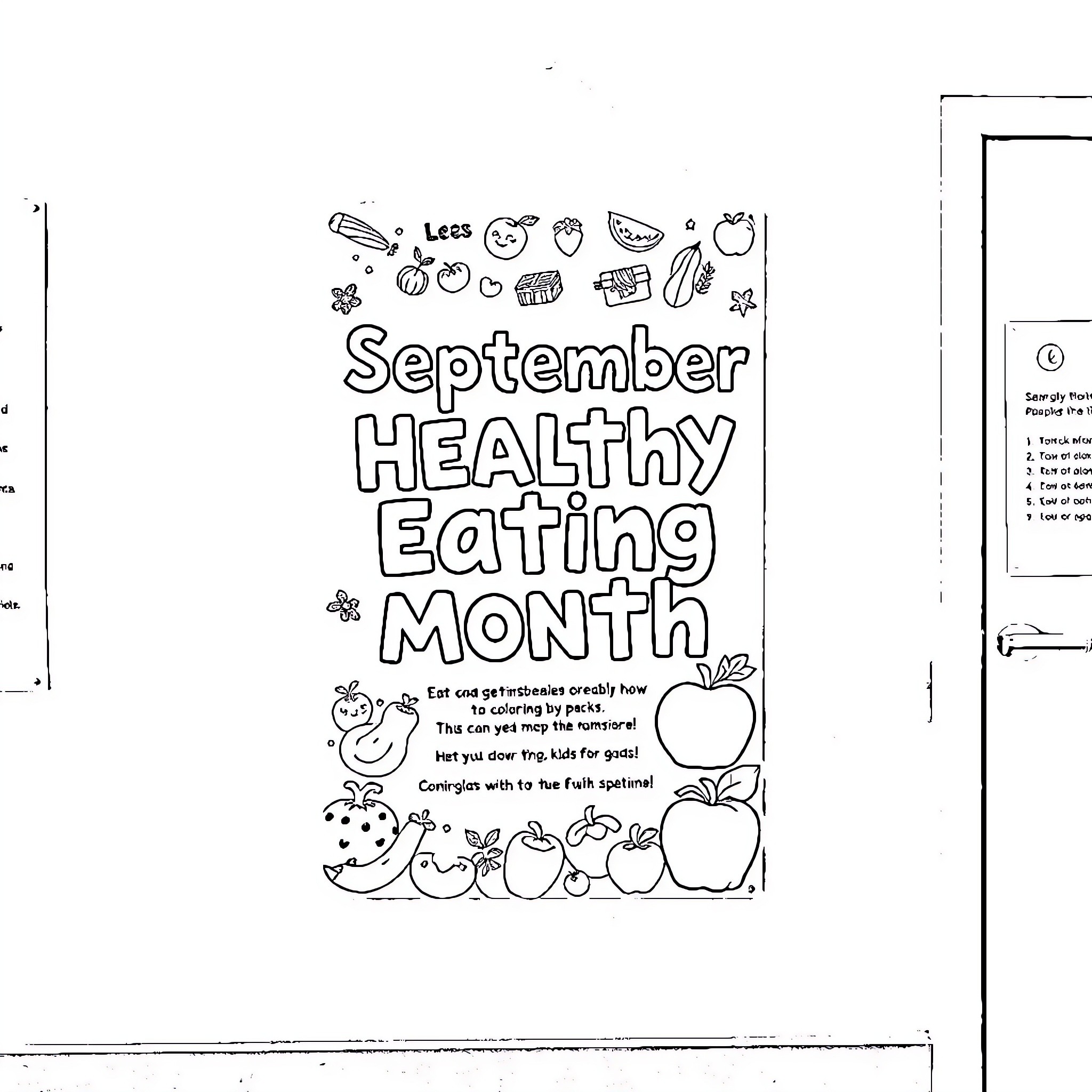 Healthy Eating Month Celebration with Fruits and Vegetables Coloring Page (free black-and-white line drawing printable PDF for all, from beginners to advanced learners, including children, teens, adults, and seniors)