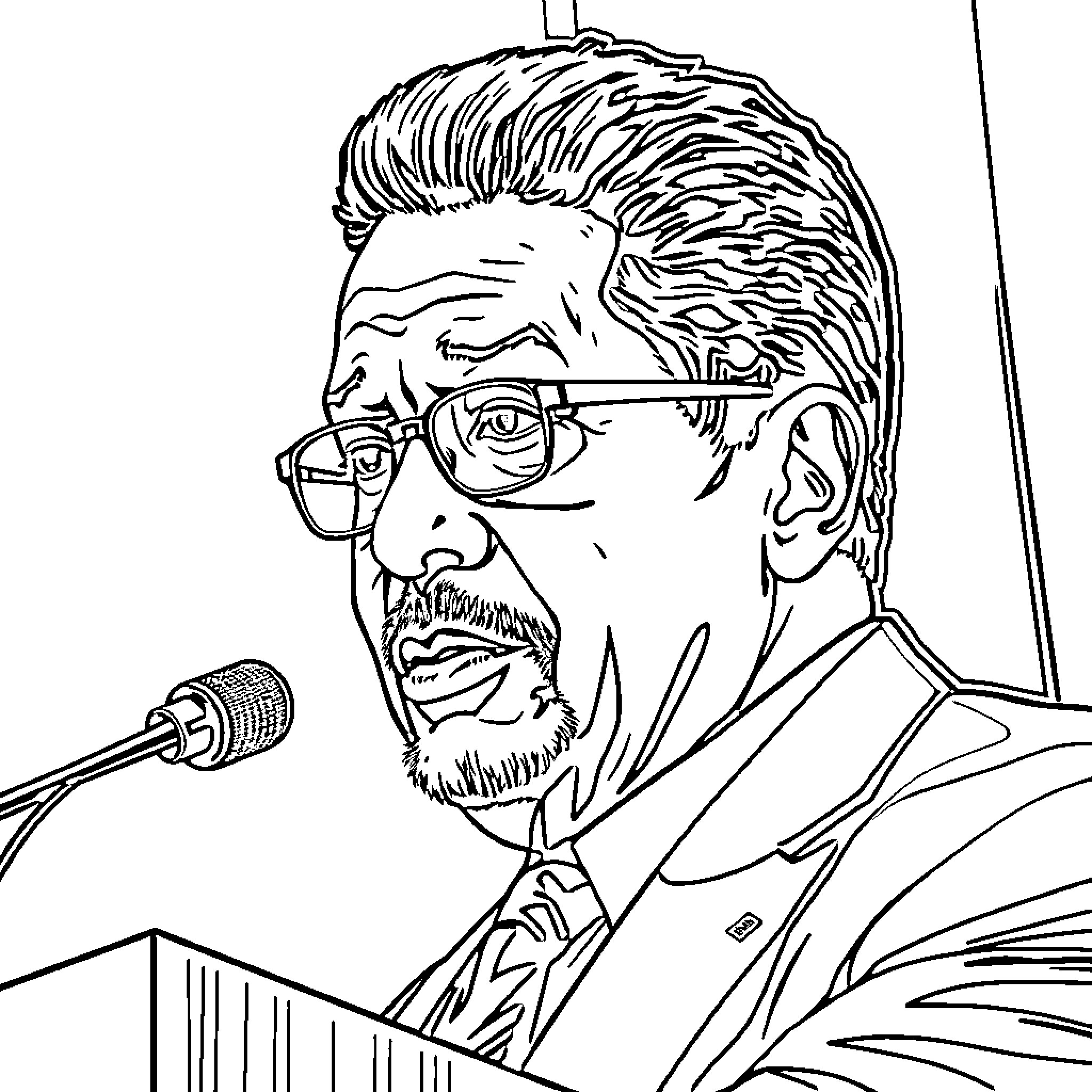 Thomas Sowell speaking with passion at the podium Coloring Page (free black-and-white line drawing printable PDF for all, from beginners to advanced learners, including children, teens, adults, and seniors)