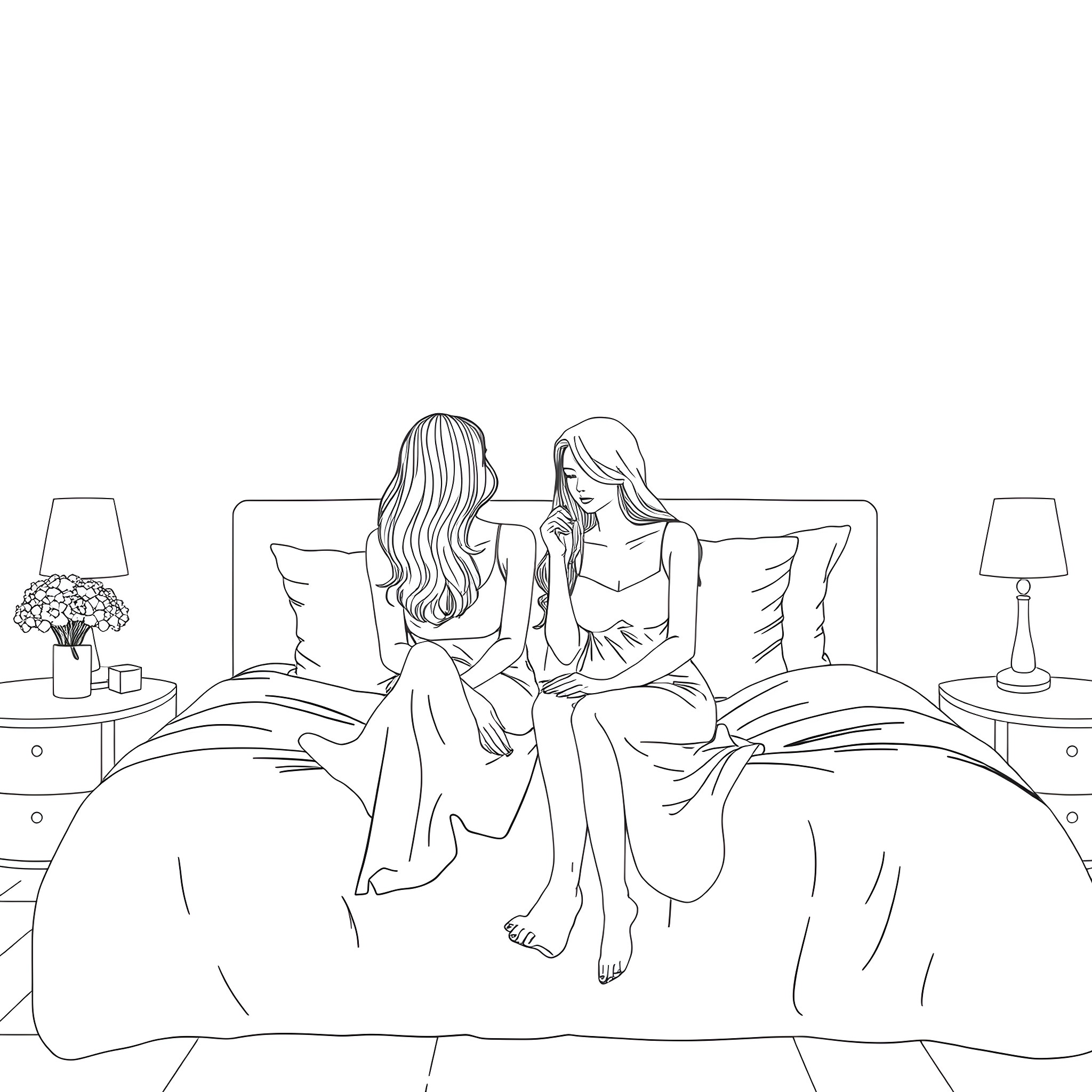 Woman sitting together on the bed Coloring Page (free black-and-white line drawing printable PDF for all, from beginners to advanced learners, including children, teens, adults, and seniors)