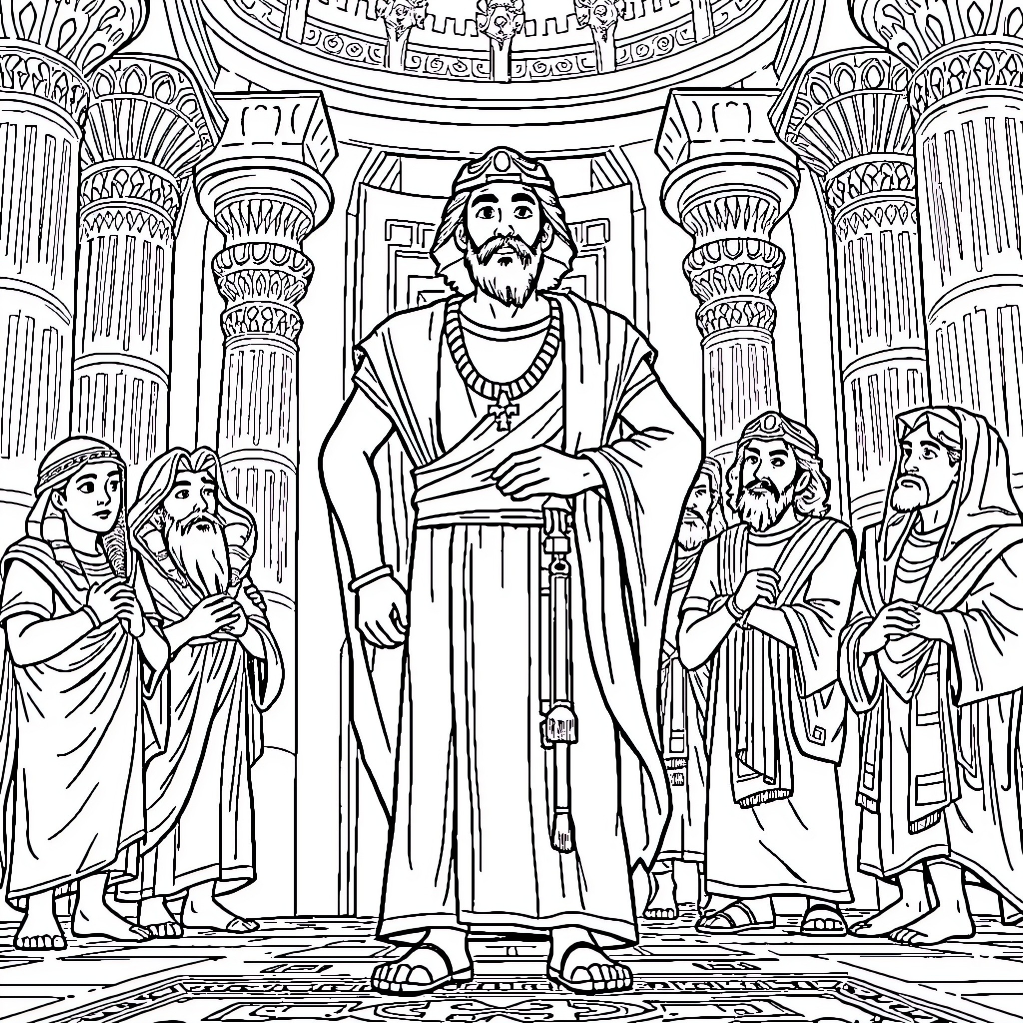 Joseph in Ornate Temple with Followers Coloring Page (free black-and-white line drawing printable PDF for all, from beginners to advanced learners, including children, teens, adults, and seniors)