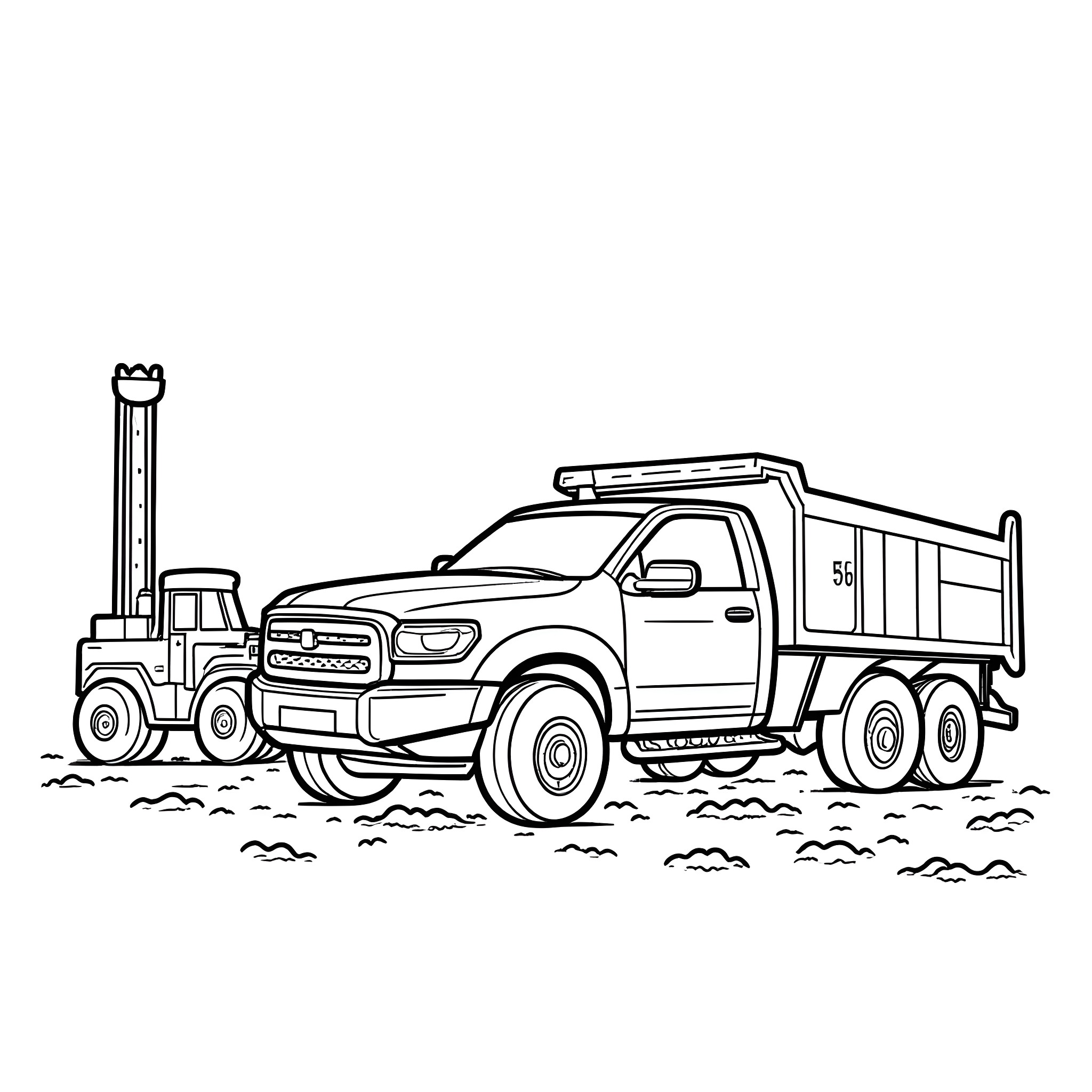Wrecker Truck Towing Large Dump Truck on the Road Coloring Page (free black-and-white line drawing printable PDF for all, from beginners to advanced learners, including children, teens, adults, and seniors)