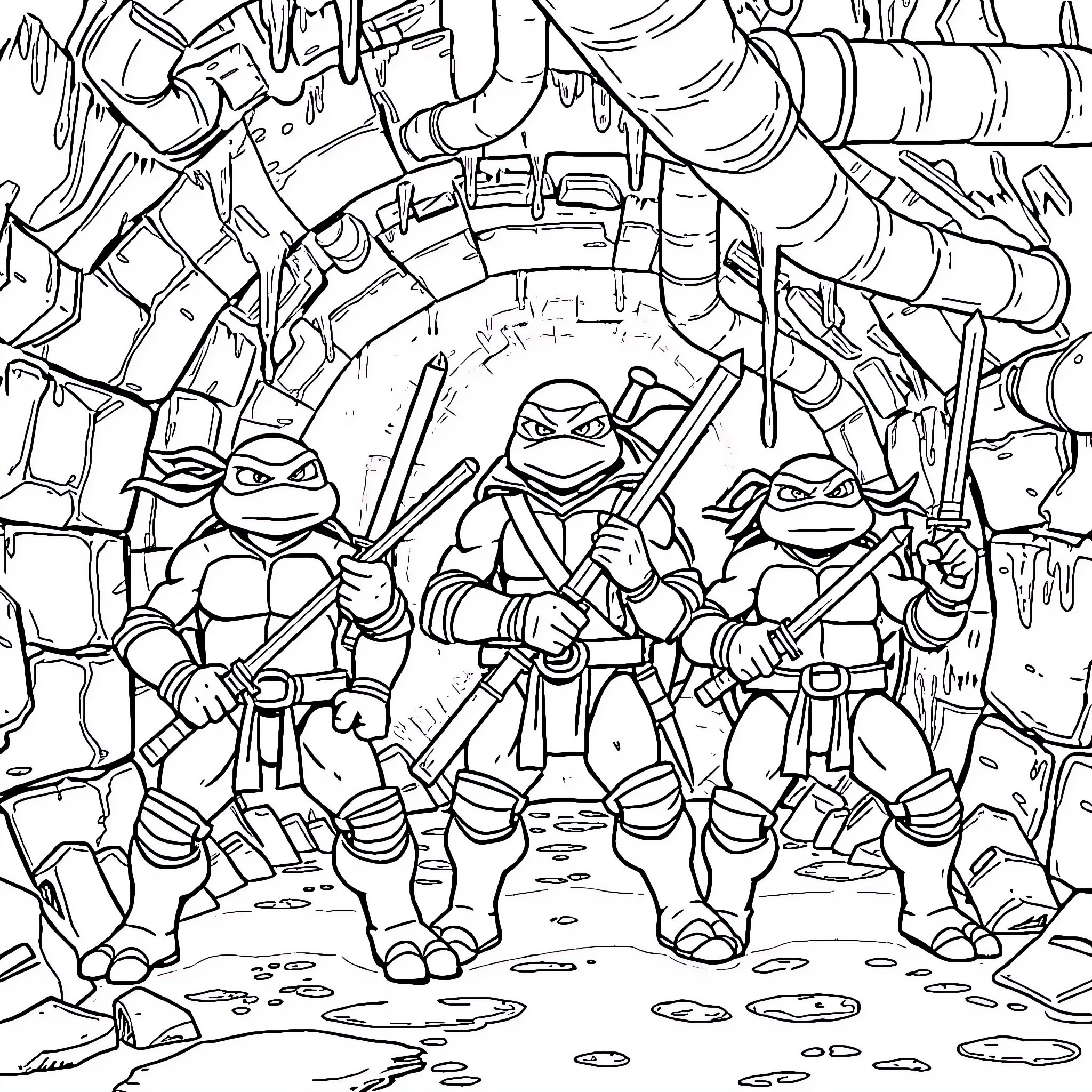 Teenage Mutant Ninja Turtles in a sewer lair battle Coloring Page (free black-and-white line drawing printable PDF for all, from beginners to advanced learners, including children, teens, adults, and seniors)