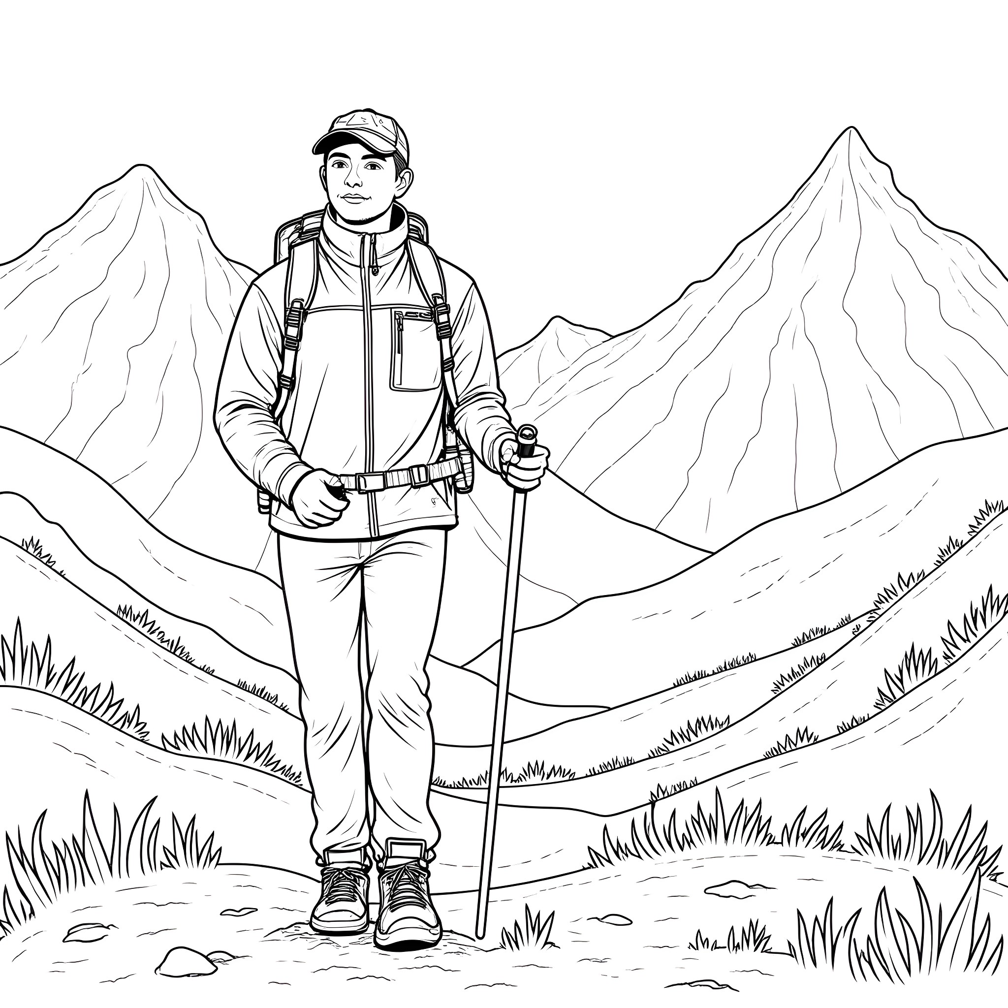 MEC Employee Hiking in the Mountains Coloring Page (free black-and-white line drawing printable PDF for all, from beginners to advanced learners, including children, teens, adults, and seniors)
