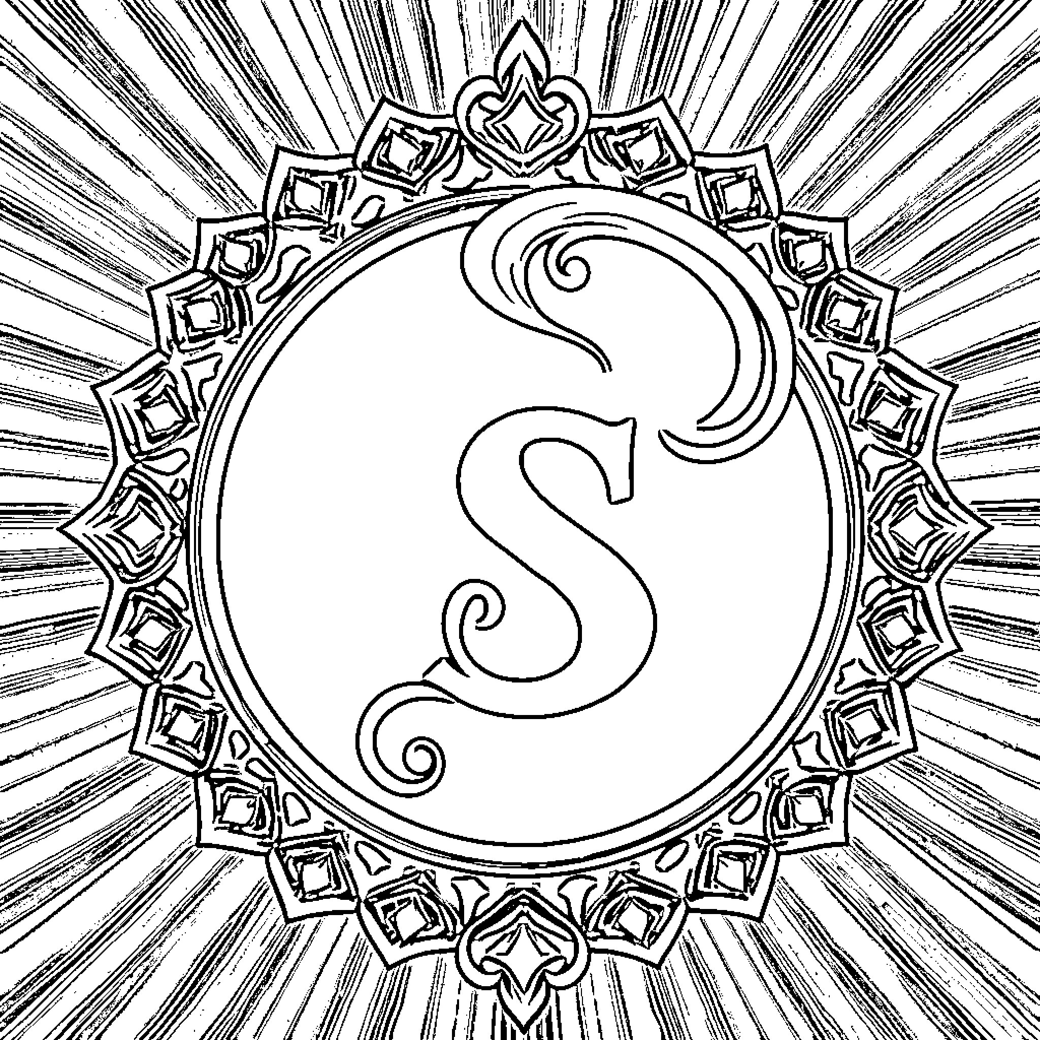Escudo with Ornamental Monogram Design Coloring Page (free black-and-white line drawing printable PDF for all, from beginners to advanced learners, including children, teens, adults, and seniors)