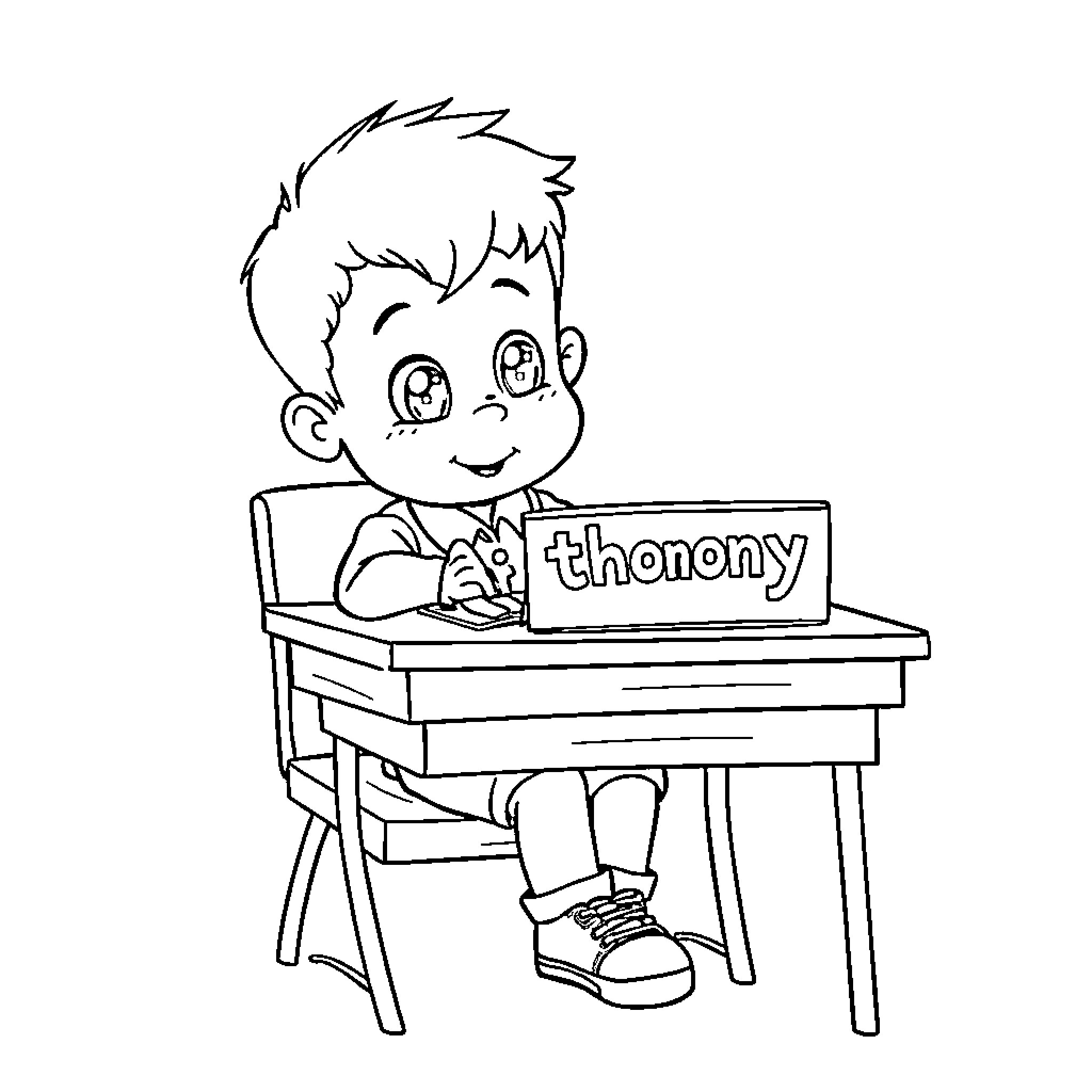 Boy smiling and using a tablet at school desk Coloring Page (free black-and-white line drawing printable PDF for all, from beginners to advanced learners, including children, teens, adults, and seniors)