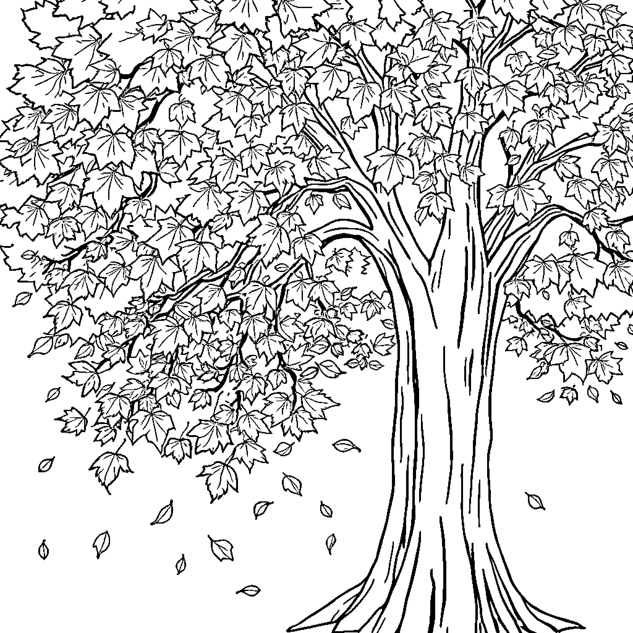 Leaf-covered Tree in Autumn Coloring Page (free black-and-white line drawing printable PDF for all, from beginners to advanced learners, including children, teens, adults, and seniors)